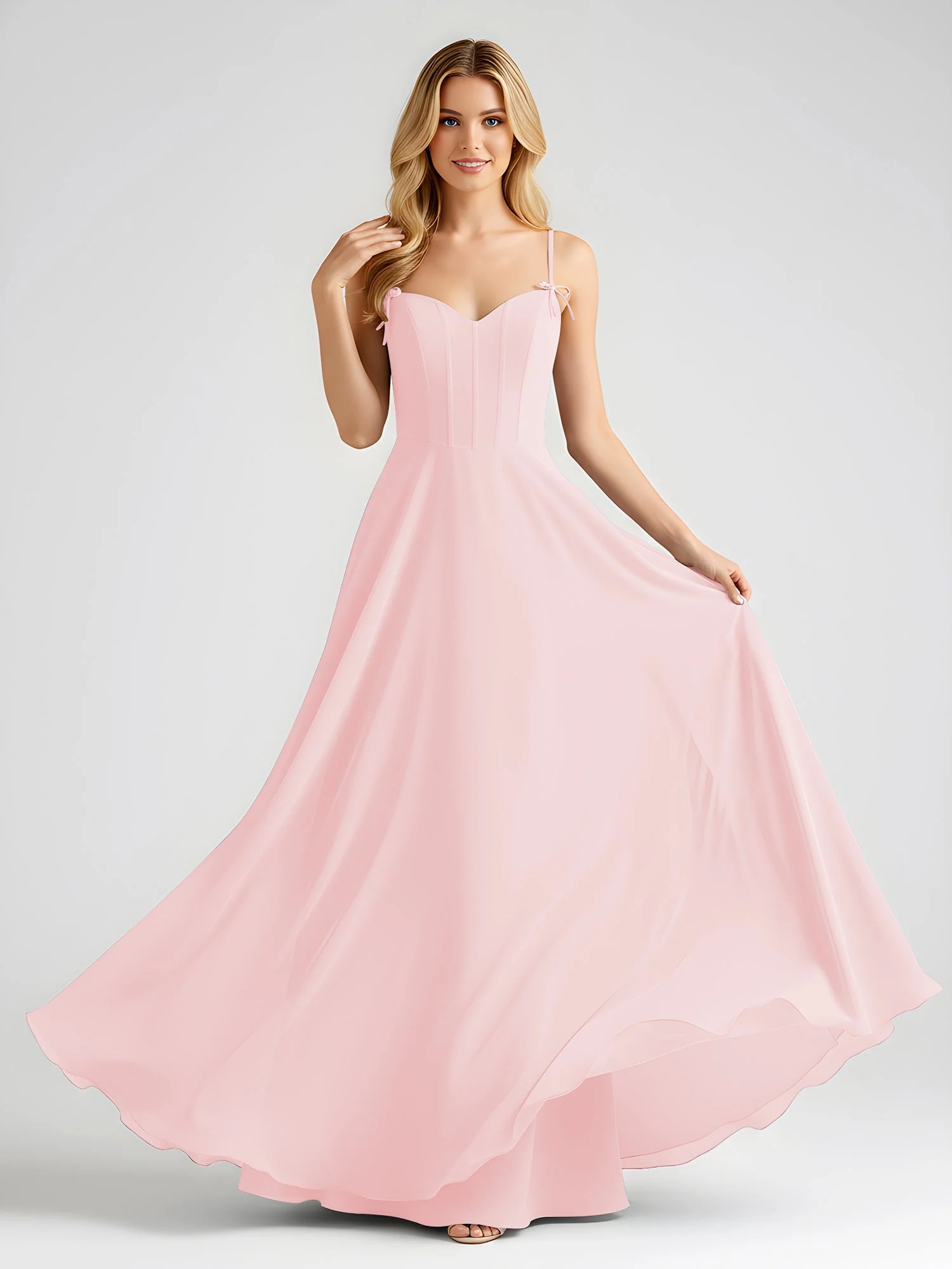 Spaghettiträger A-Linie Maxi Kleid mit Schleife Detail Zartrosa - Image 3