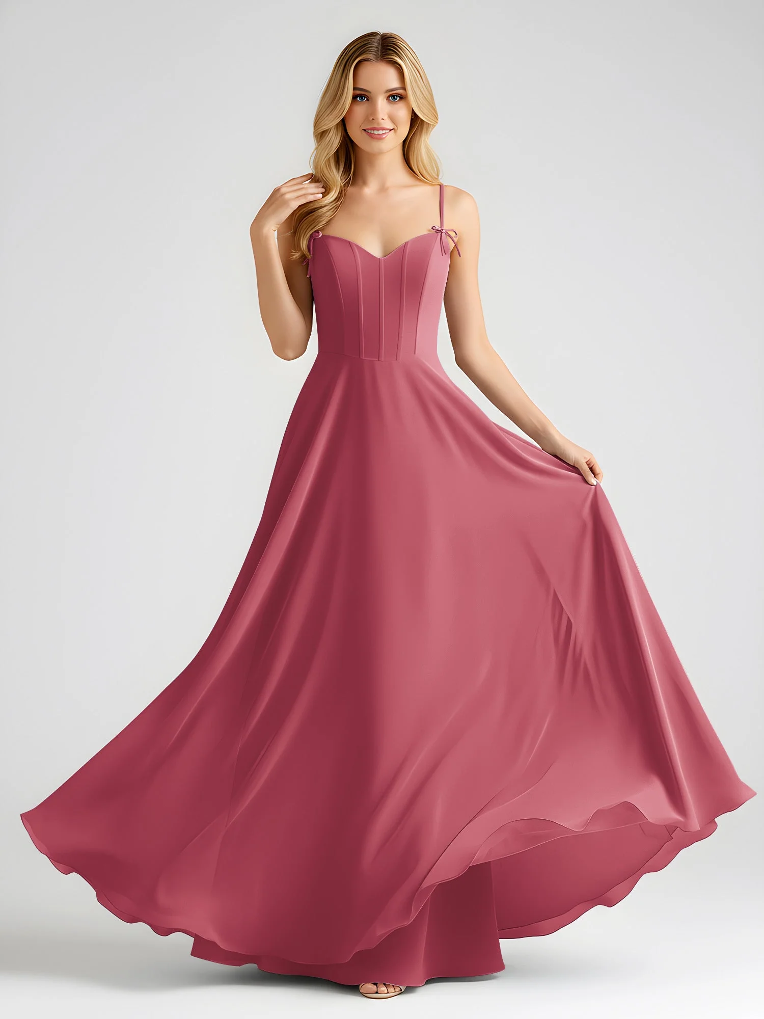 Spaghettiträger A-Linie Maxi Kleid mit Schleife Detail Zimtrose - Image 3