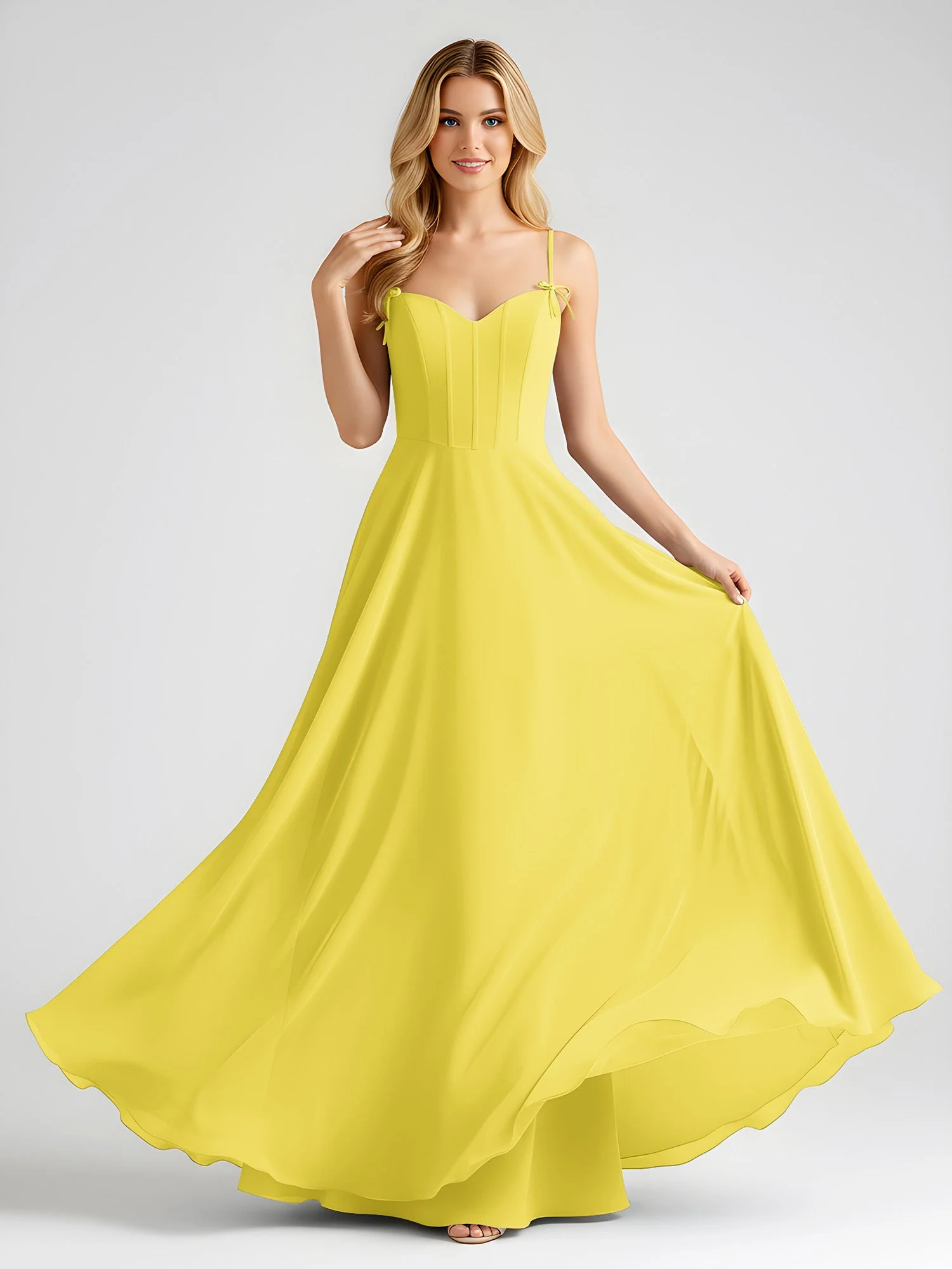 Spaghettiträger A-Linie Maxi Kleid mit Schleife Detail Zitrone - Image 3