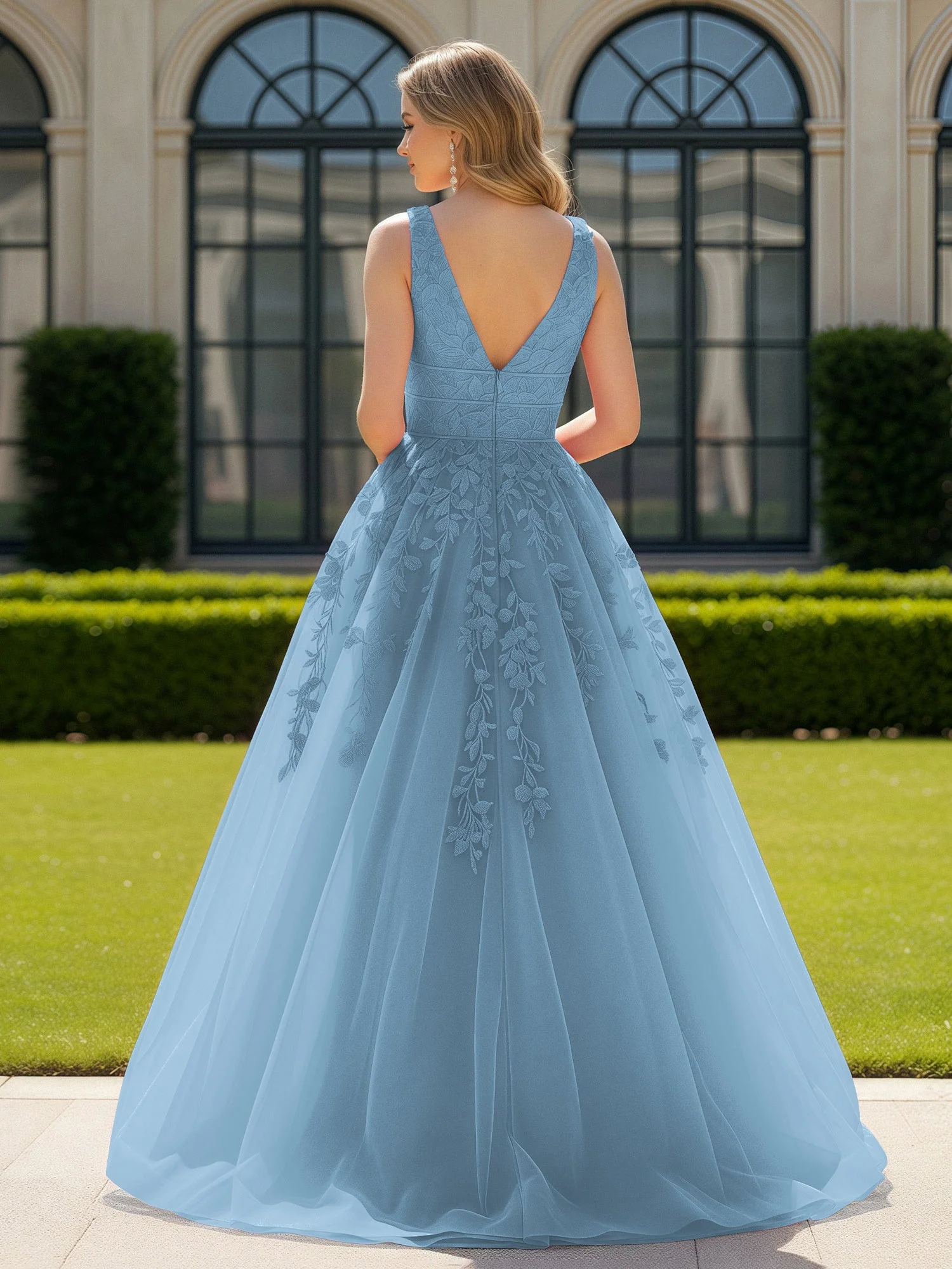 Applique Tüll Offener Rücken Tief V-Ausschnitt Ballkleid Blau - Image 2