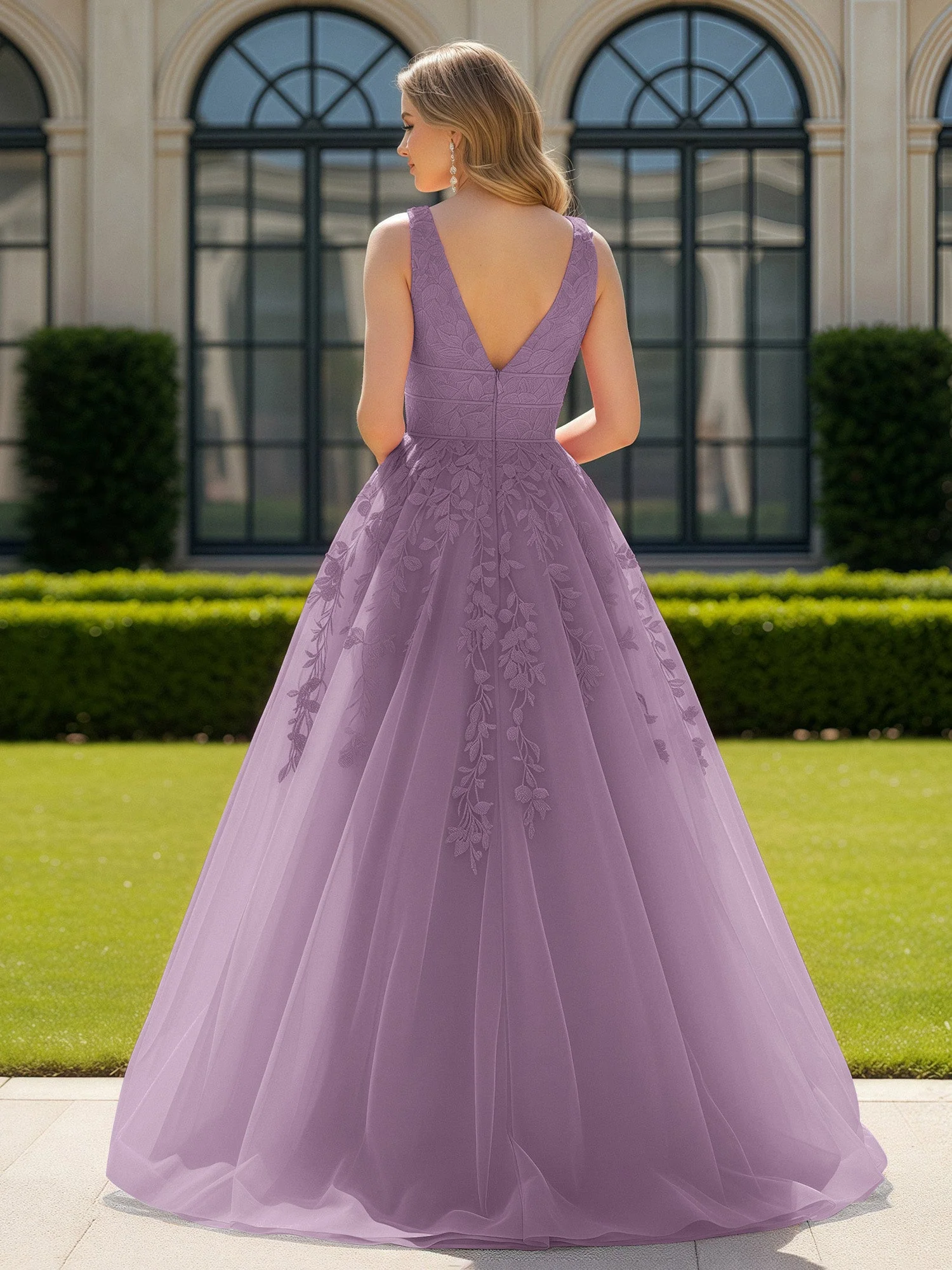 Applique Tüll Offener Rücken Tief V-Ausschnitt Ballkleid Blauregen - Image 2