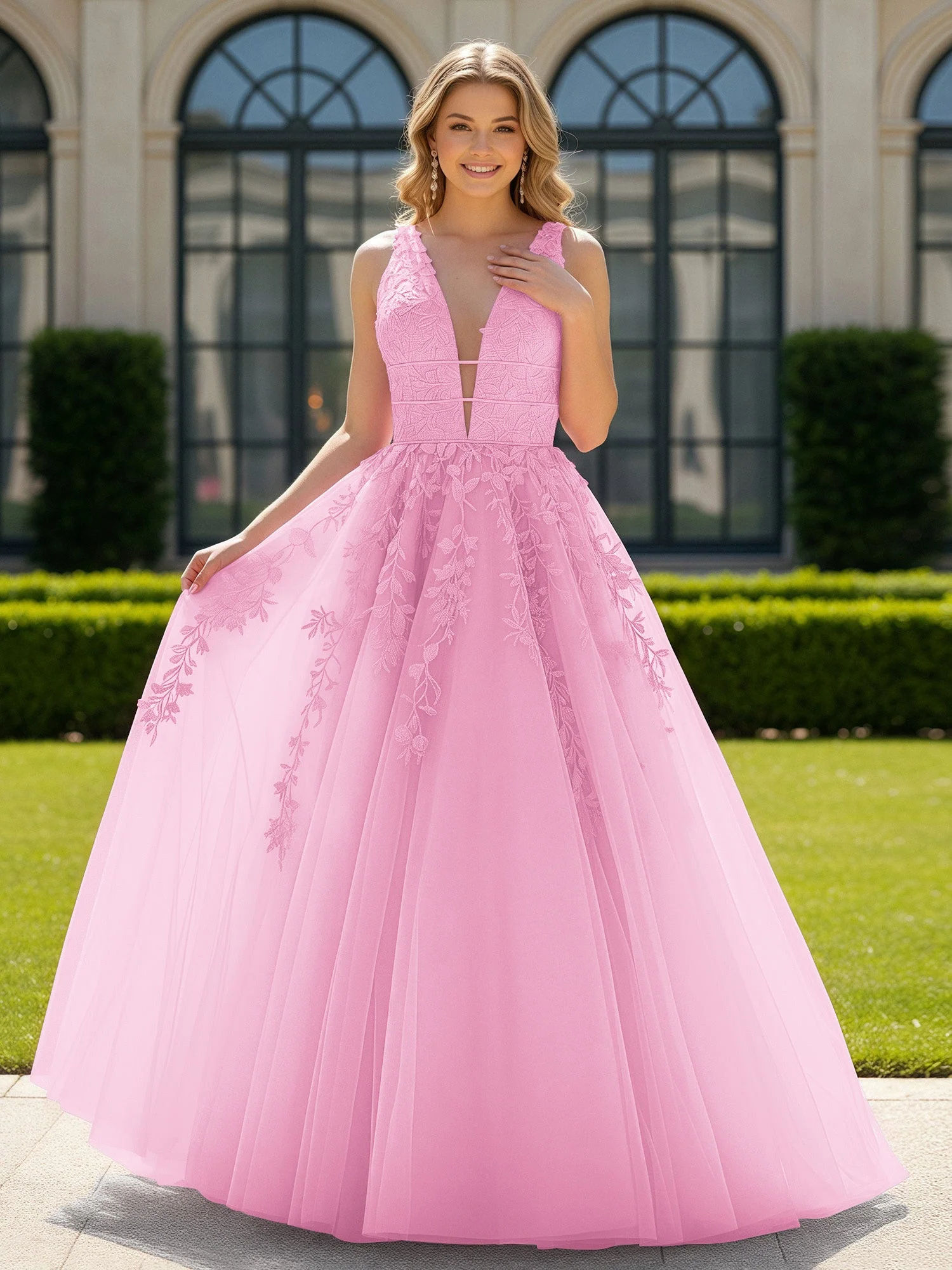 Applique Tüll Offener Rücken Tief V-Ausschnitt Ballkleid Bonbonrosa