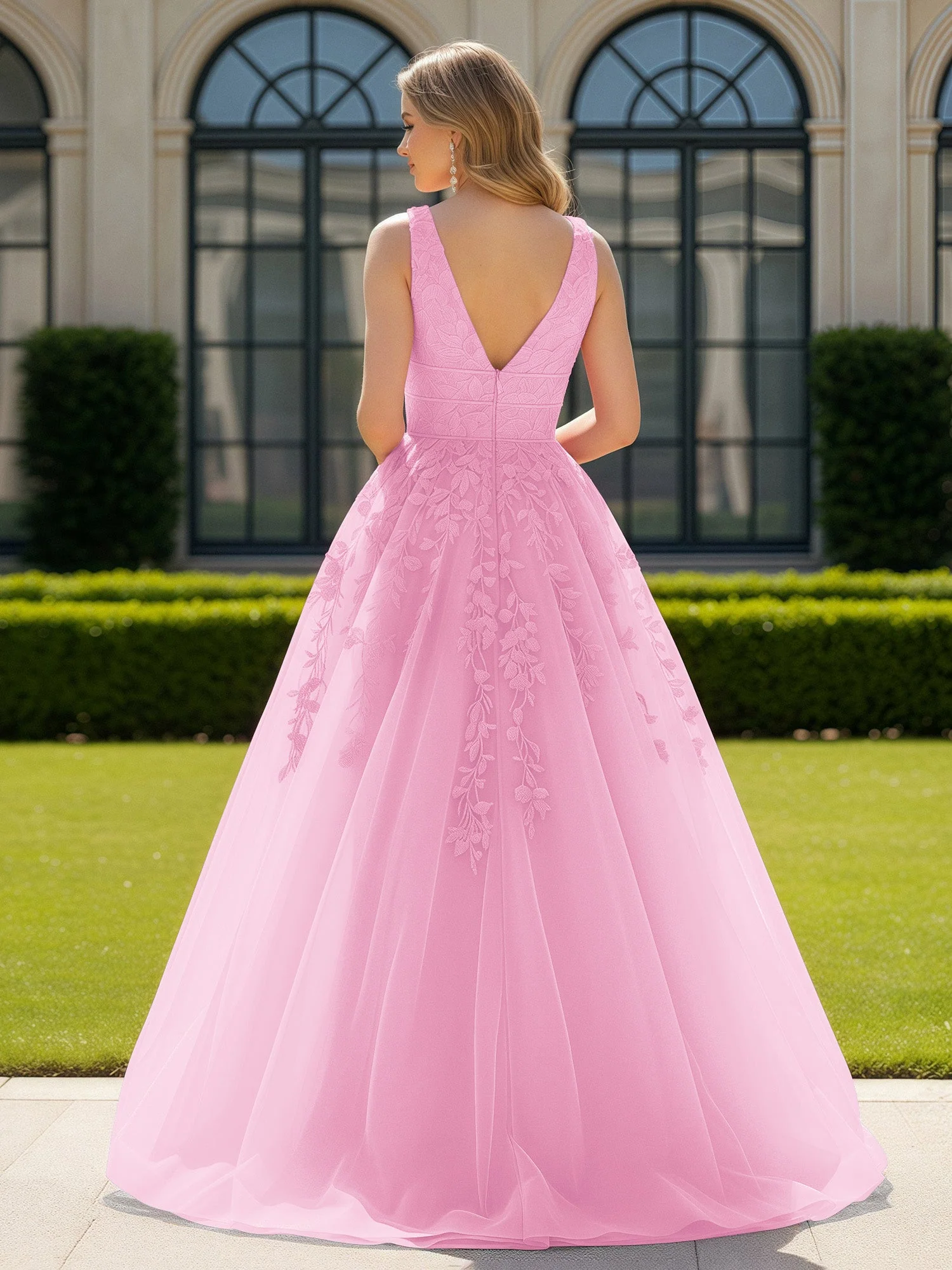Applique Tüll Offener Rücken Tief V-Ausschnitt Ballkleid Bonbonrosa - Image 2