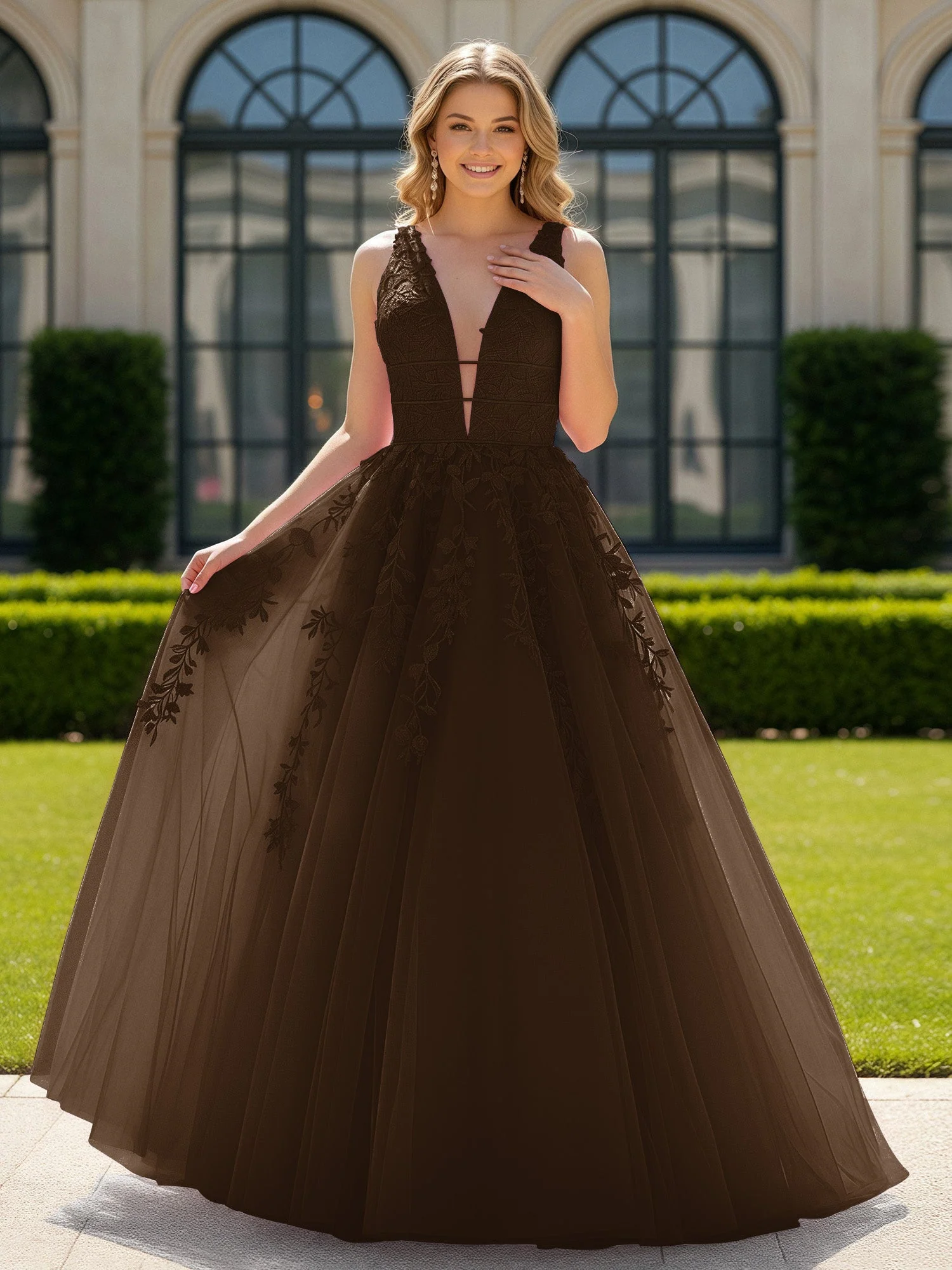 Applique Tüll Offener Rücken Tief V-Ausschnitt Ballkleid Braun
