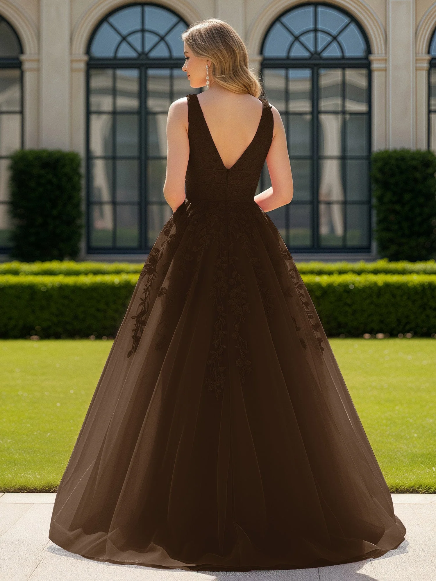 Applique Tüll Offener Rücken Tief V-Ausschnitt Ballkleid Braun - Image 2
