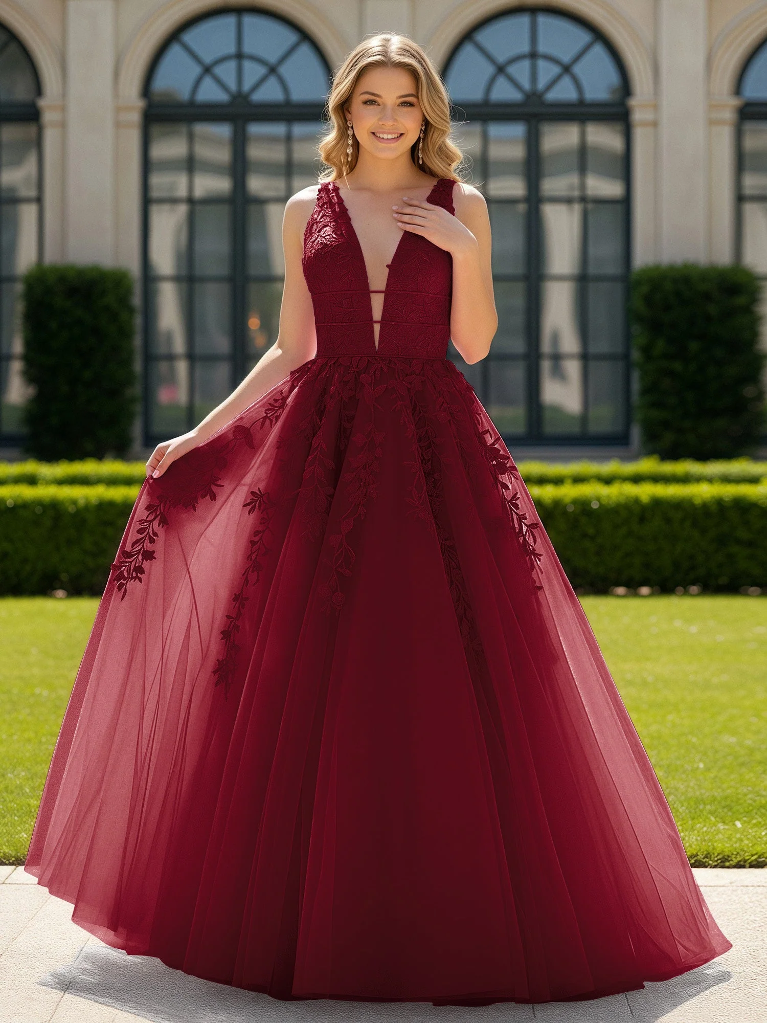 Applique Tüll Offener Rücken Tief V-Ausschnitt Ballkleid Burgunderrot