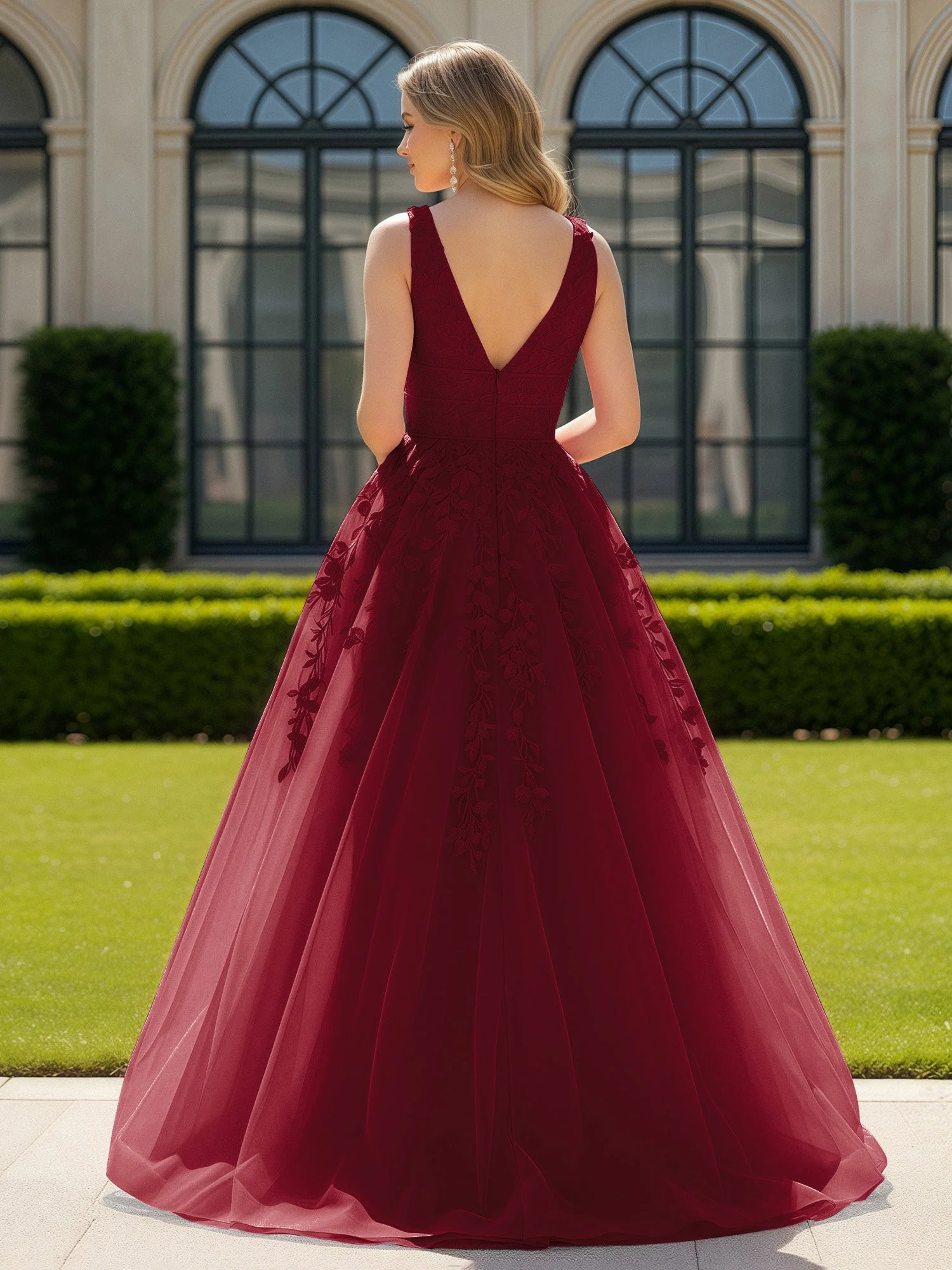 Applique Tüll Offener Rücken Tief V-Ausschnitt Ballkleid Burgunderrot - Image 2