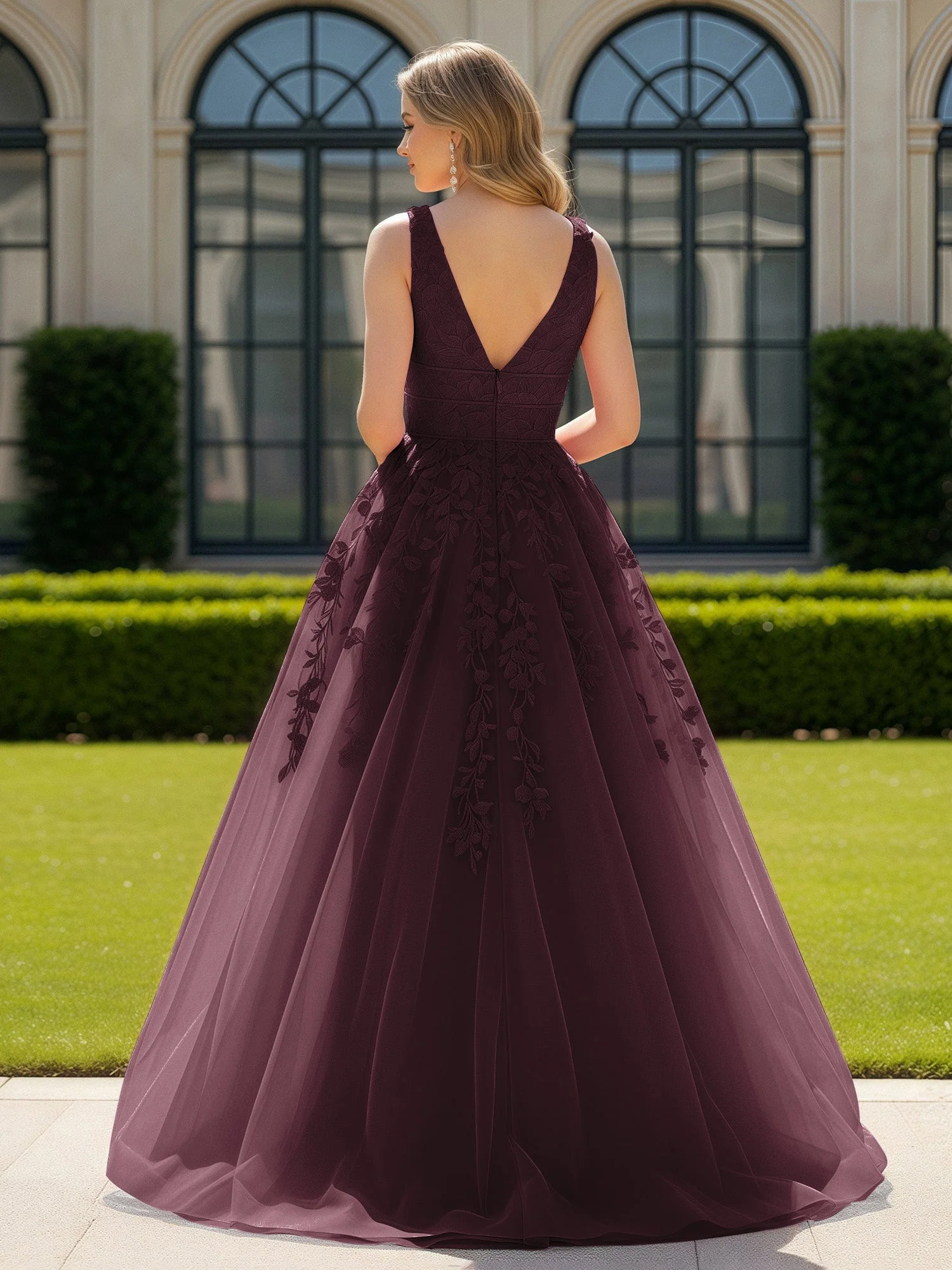 Applique Tüll Offener Rücken Tief V-Ausschnitt Ballkleid Cabernet - Image 2