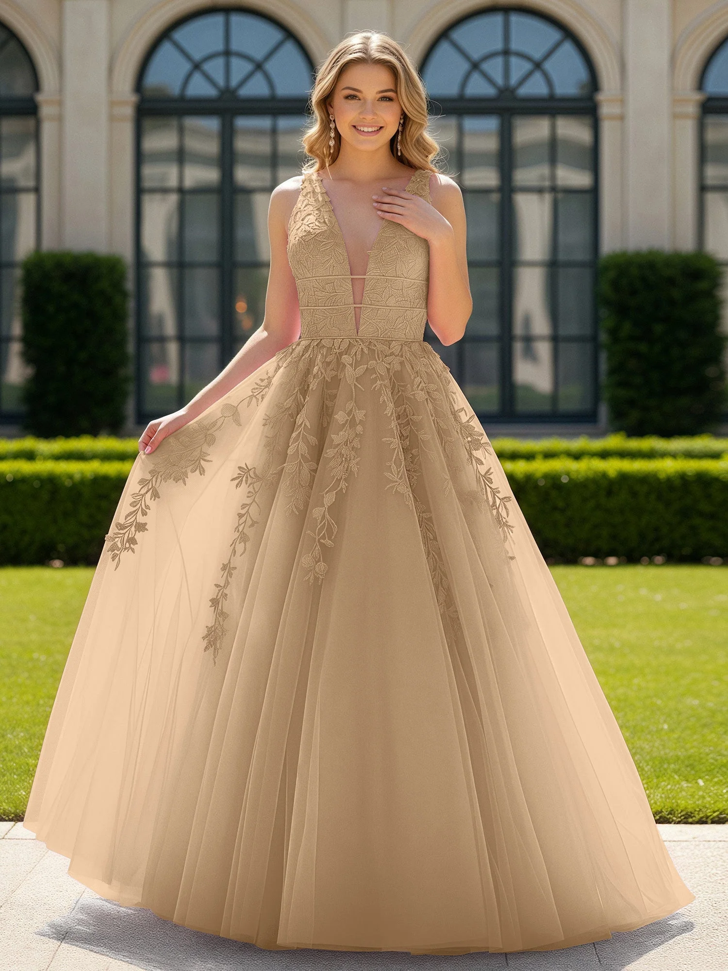 Applique Tüll Offener Rücken Tief V-Ausschnitt Ballkleid Champagner