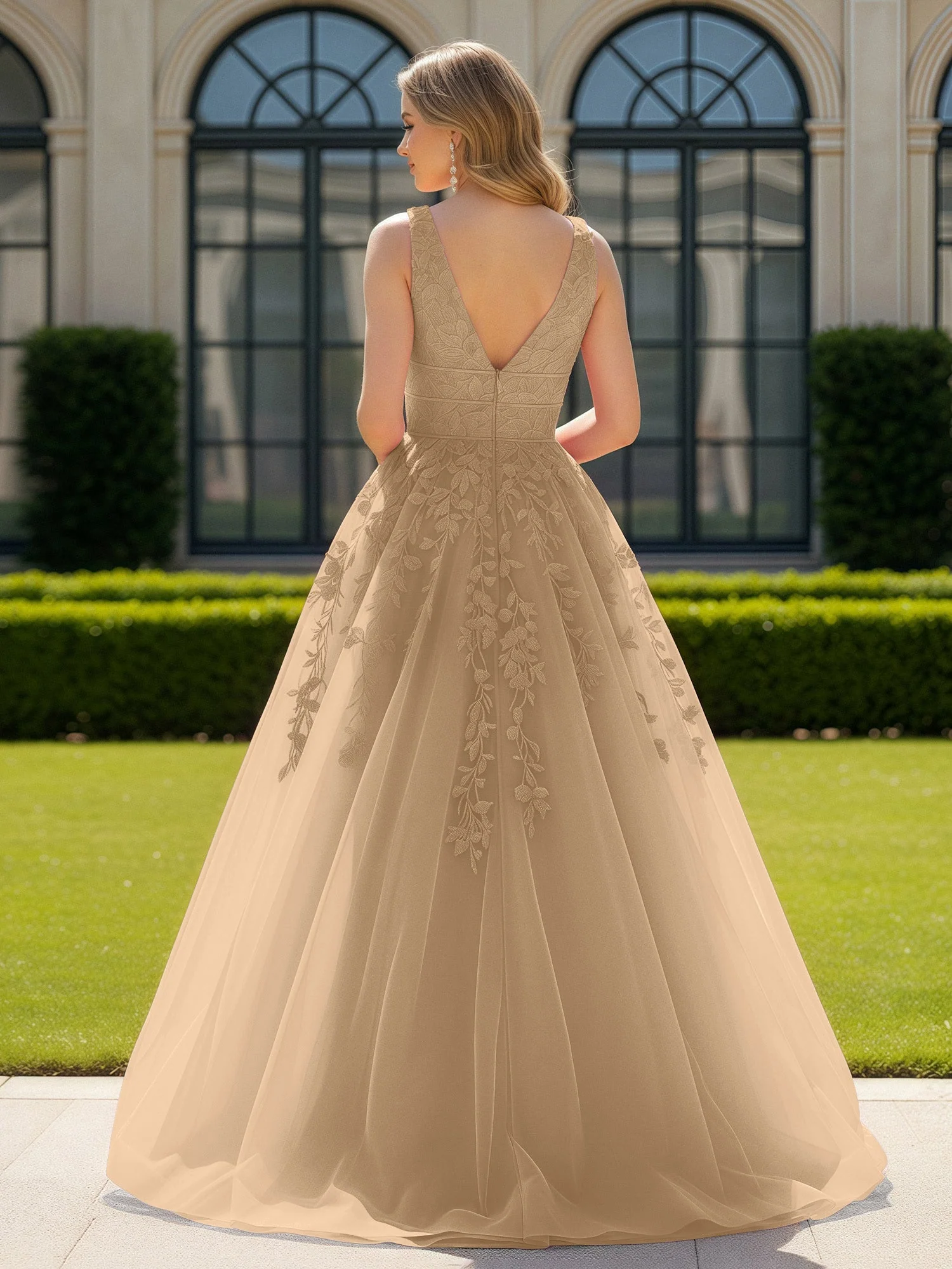 Applique Tüll Offener Rücken Tief V-Ausschnitt Ballkleid Champagner - Image 2