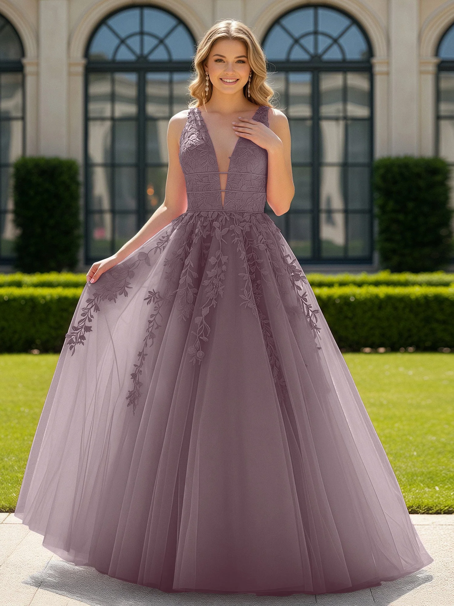 Applique Tüll Offener Rücken Tief V-Ausschnitt Ballkleid Dämmerung