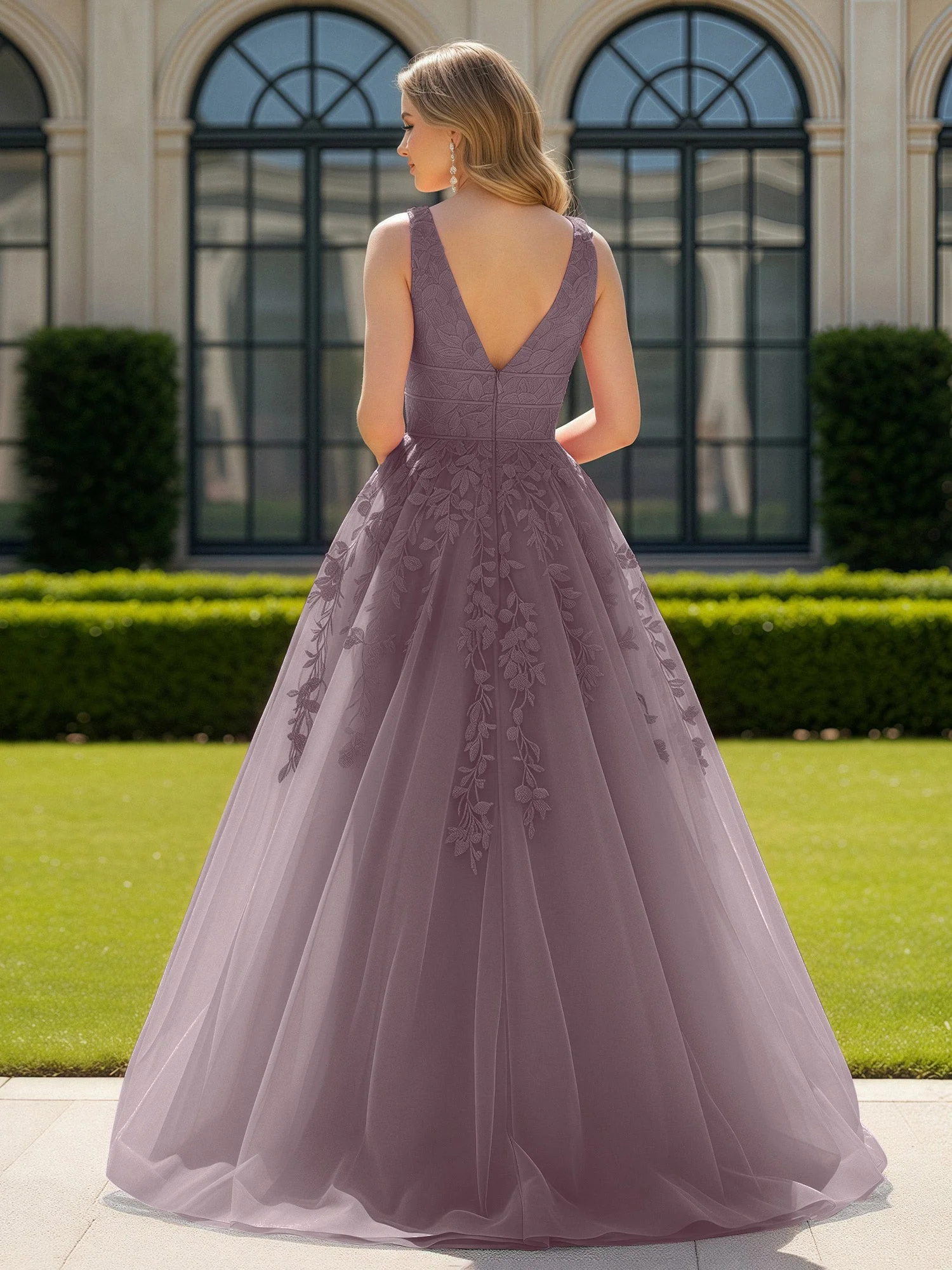 Applique Tüll Offener Rücken Tief V-Ausschnitt Ballkleid Dämmerung - Image 2