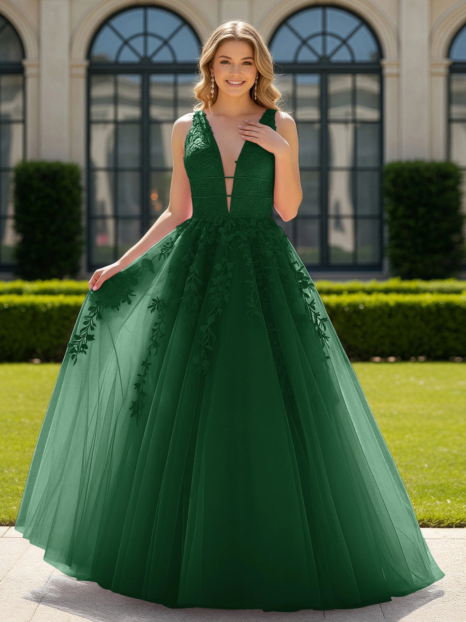 Applique Tüll Offener Rücken Tief V-Ausschnitt Ballkleid Dunkelgrün