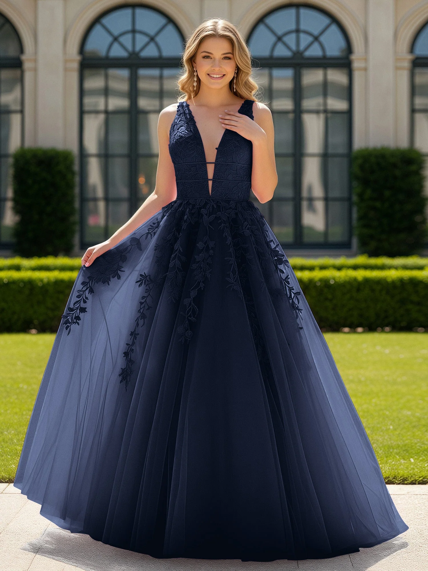 Applique Tüll Offener Rücken Tief V-Ausschnitt Ballkleid Dunkelmarine