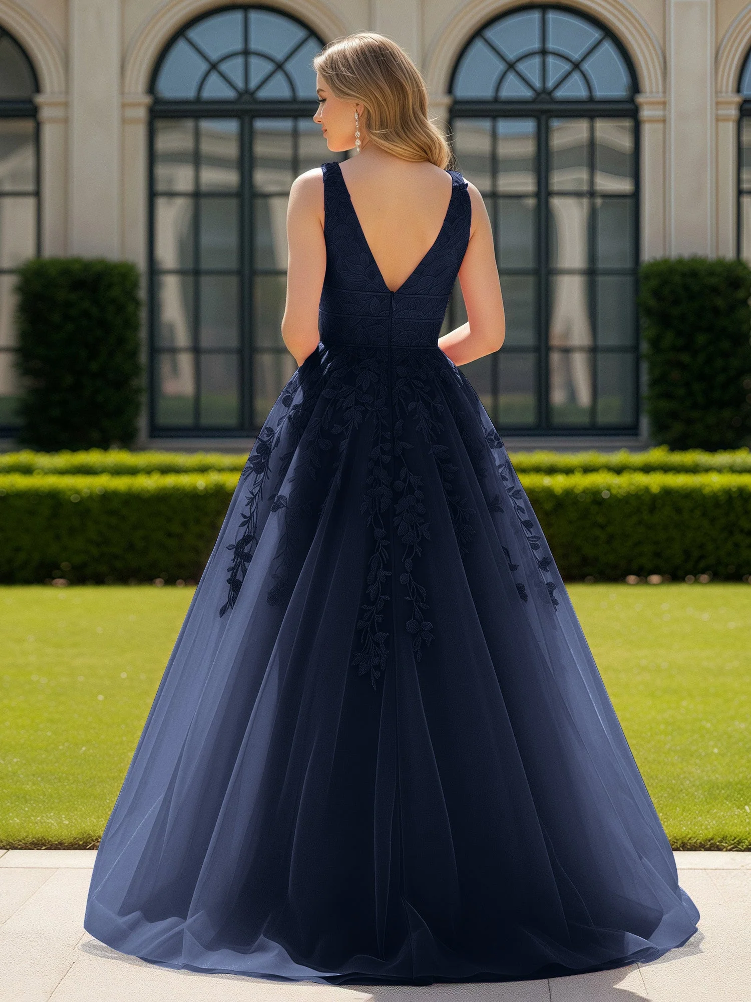 Applique Tüll Offener Rücken Tief V-Ausschnitt Ballkleid Dunkelmarine - Image 2