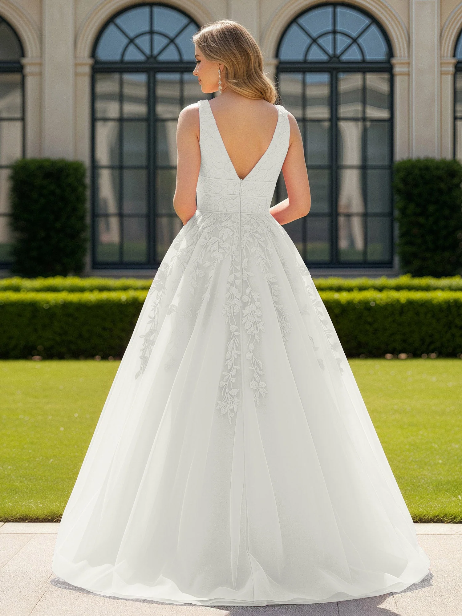 Applique Tüll Offener Rücken Tief V-Ausschnitt Ballkleid Elfenbein - Image 2
