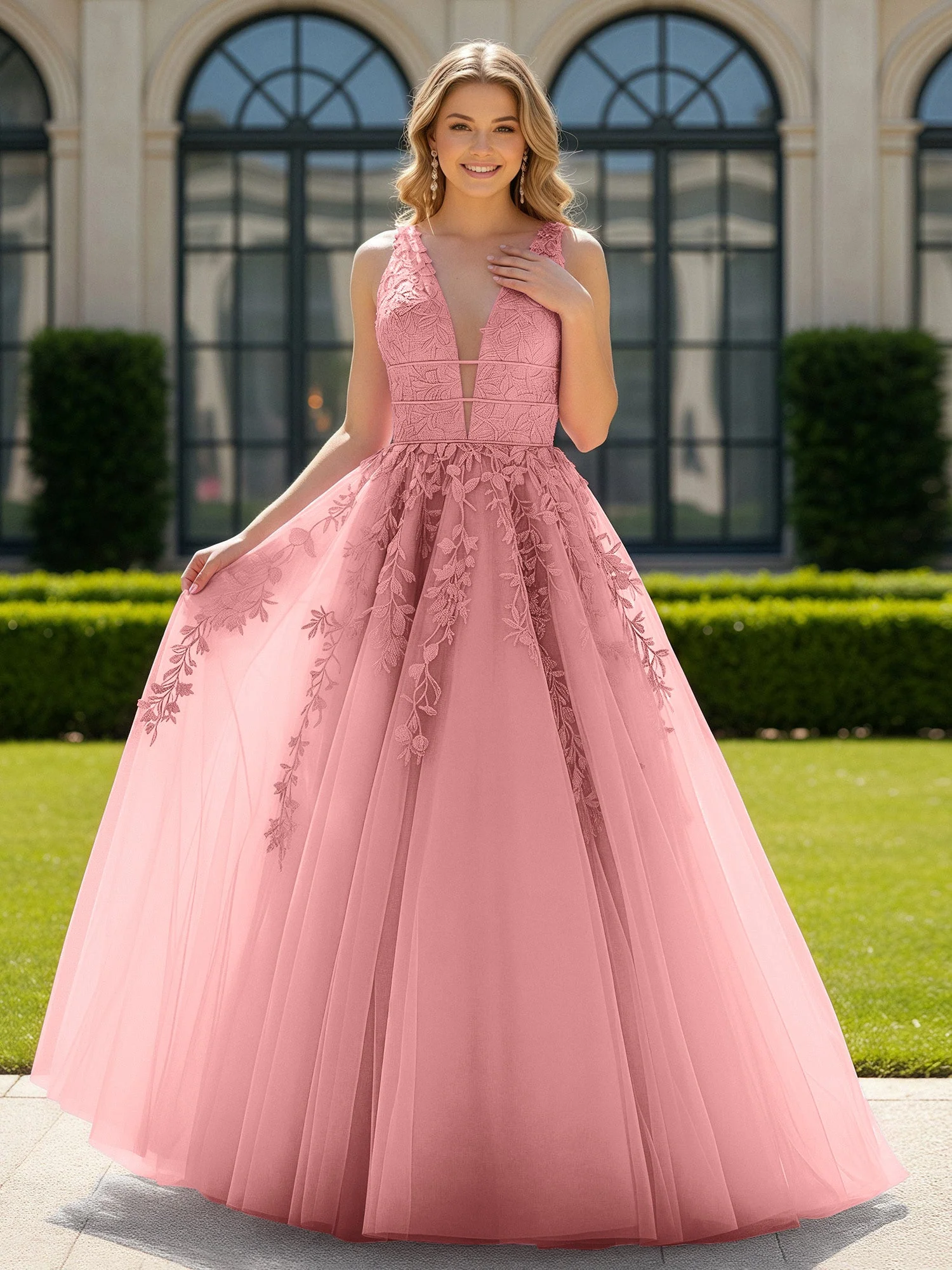 Applique Tüll Offener Rücken Tief V-Ausschnitt Ballkleid Flamingo