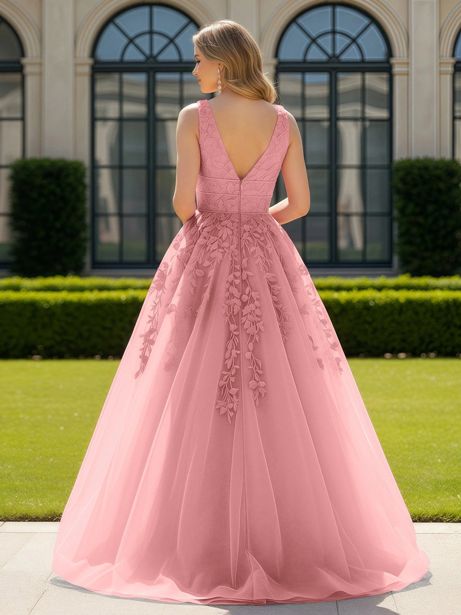 Applique Tüll Offener Rücken Tief V-Ausschnitt Ballkleid Flamingo - Image 2