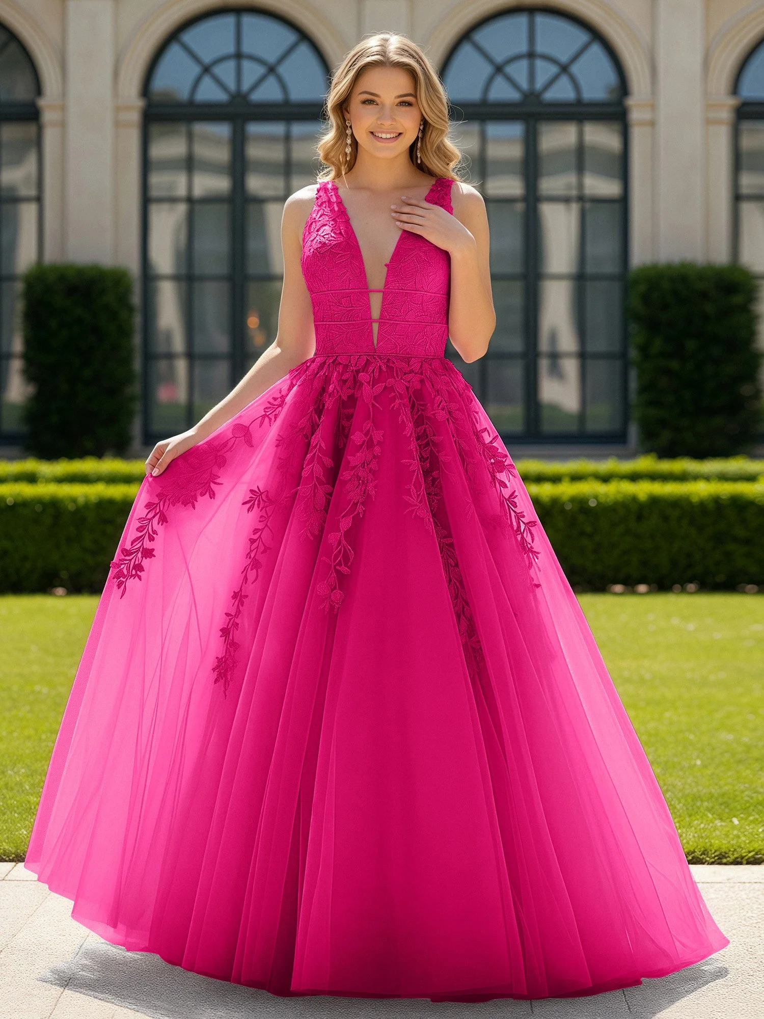 Applique Tüll Offener Rücken Tief V-Ausschnitt Ballkleid Fuchsia