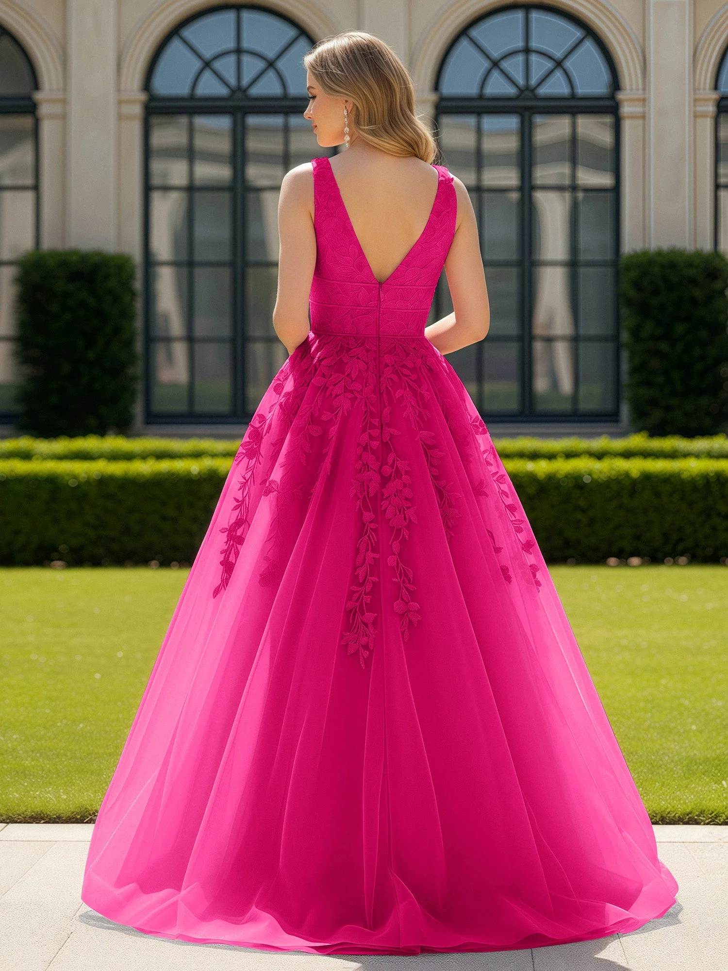 Applique Tüll Offener Rücken Tief V-Ausschnitt Ballkleid Fuchsia - Image 2