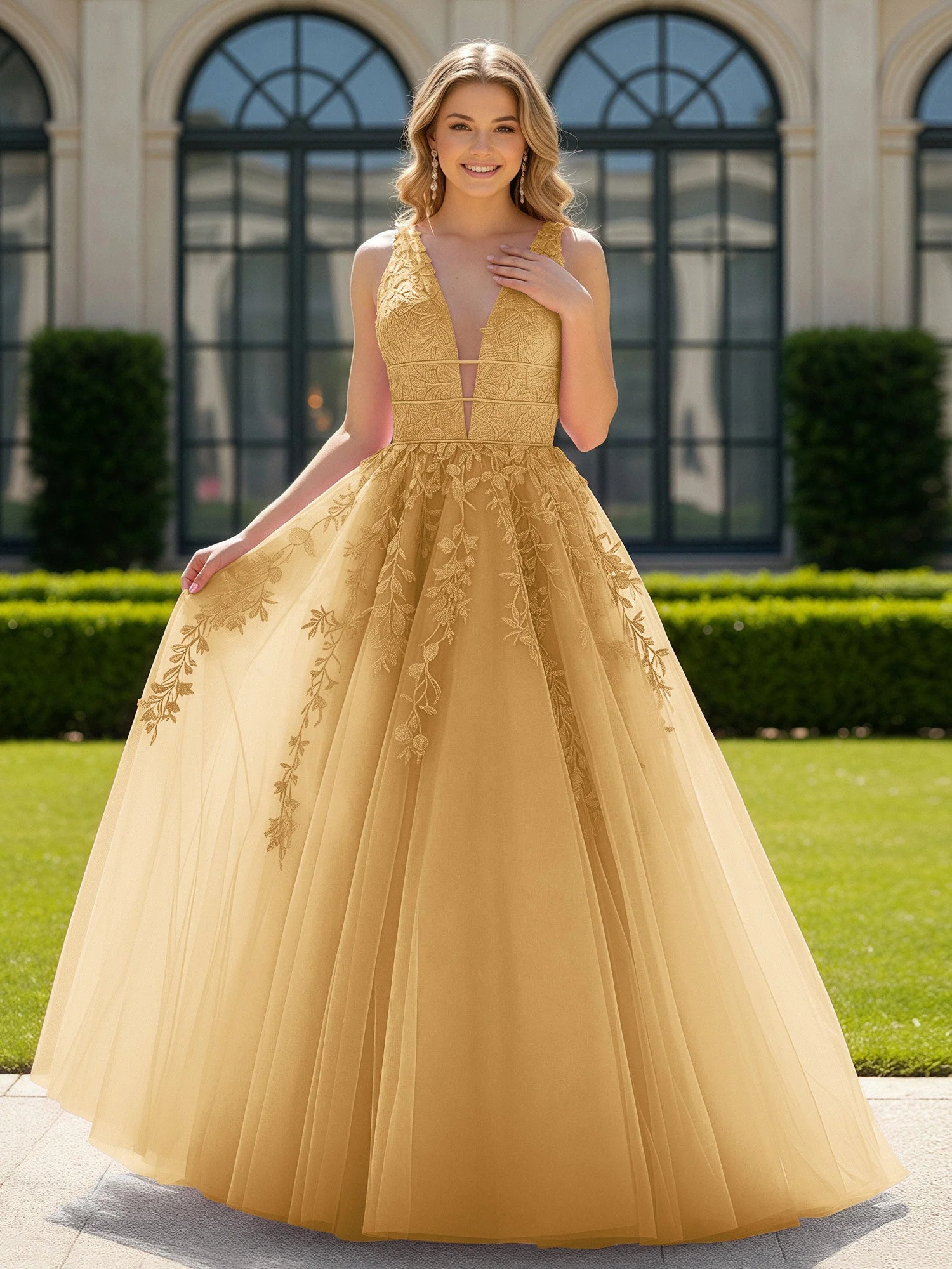 Applique Tüll Offener Rücken Tief V-Ausschnitt Ballkleid Gold