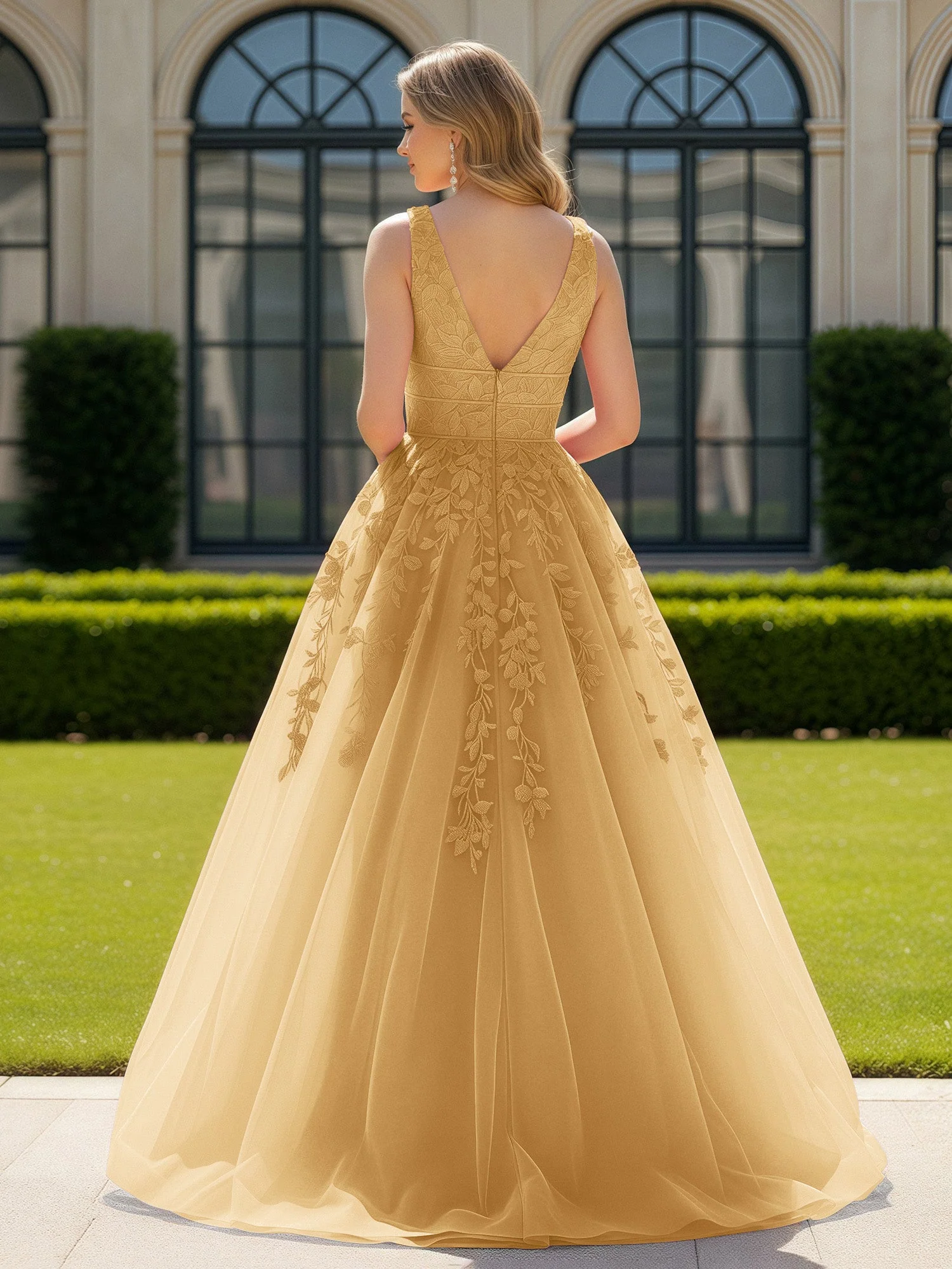 Applique Tüll Offener Rücken Tief V-Ausschnitt Ballkleid Gold - Image 2