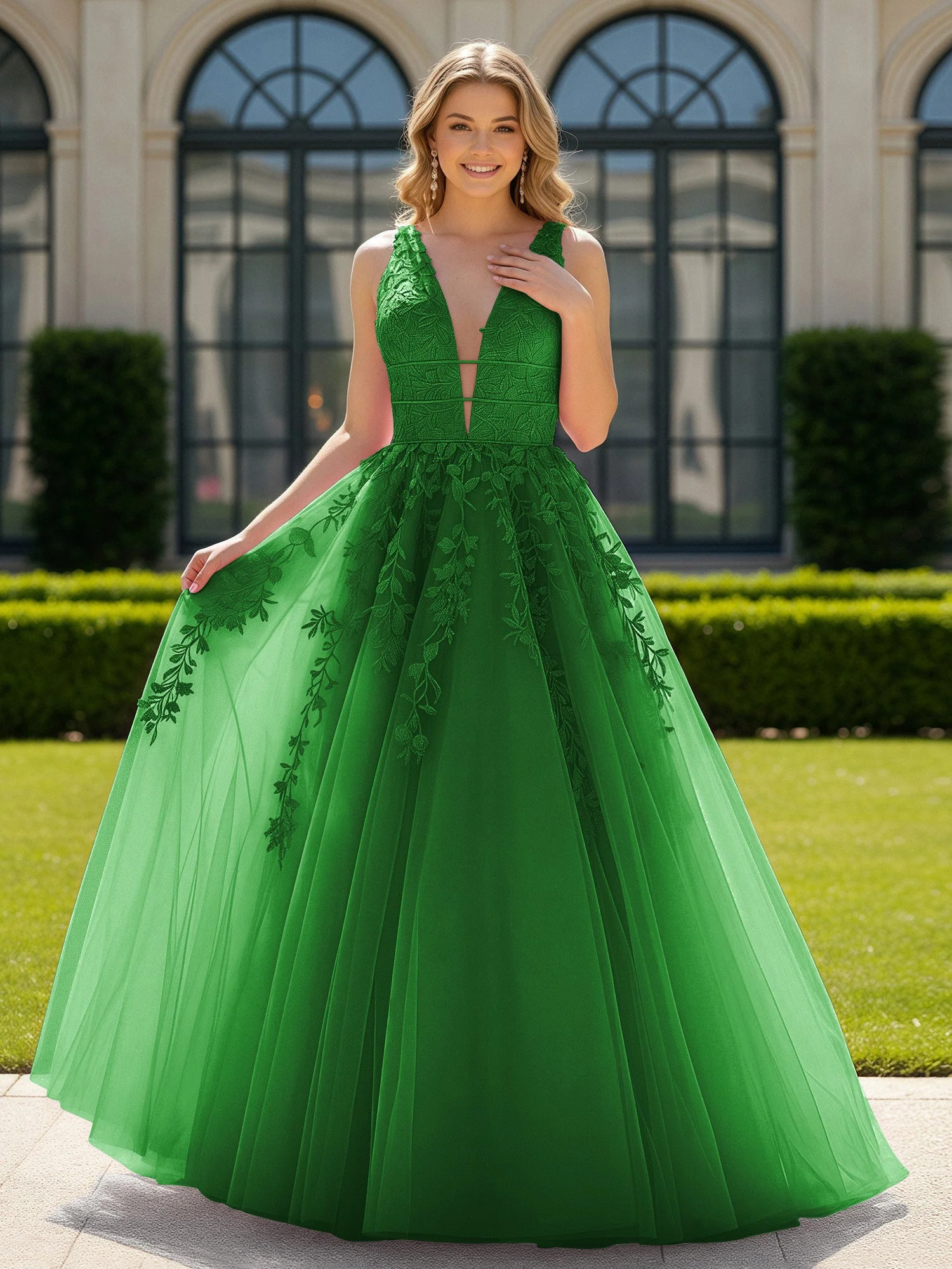 Applique Tüll Offener Rücken Tief V-Ausschnitt Ballkleid Grün