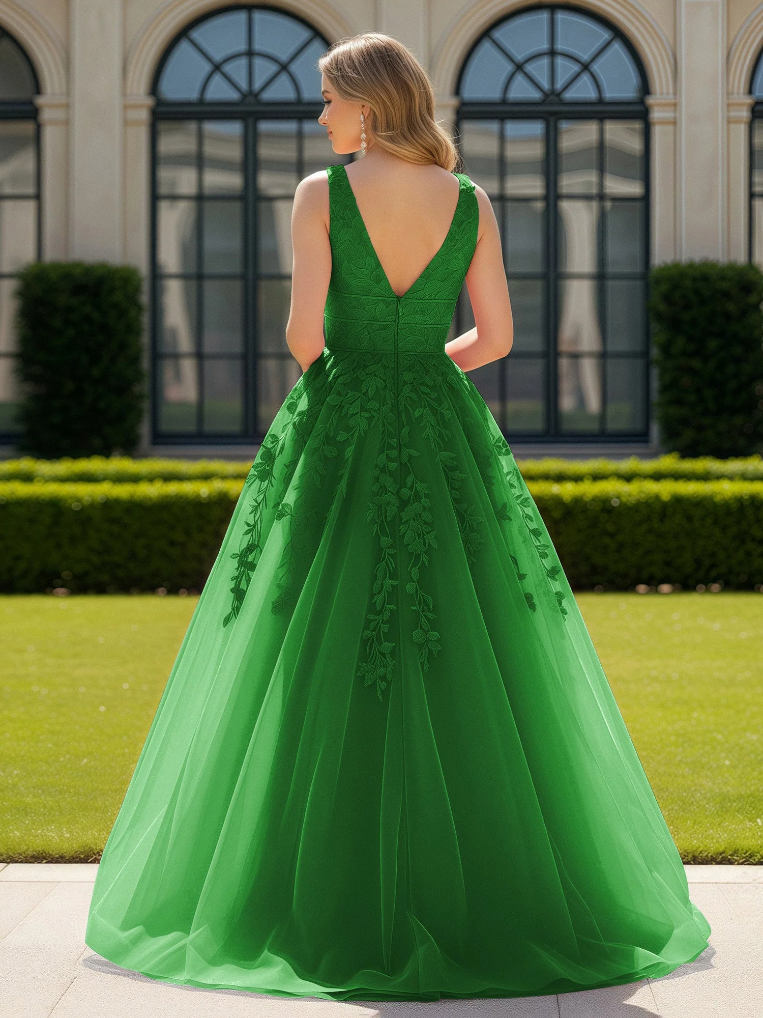 Applique Tüll Offener Rücken Tief V-Ausschnitt Ballkleid Grün - Image 2