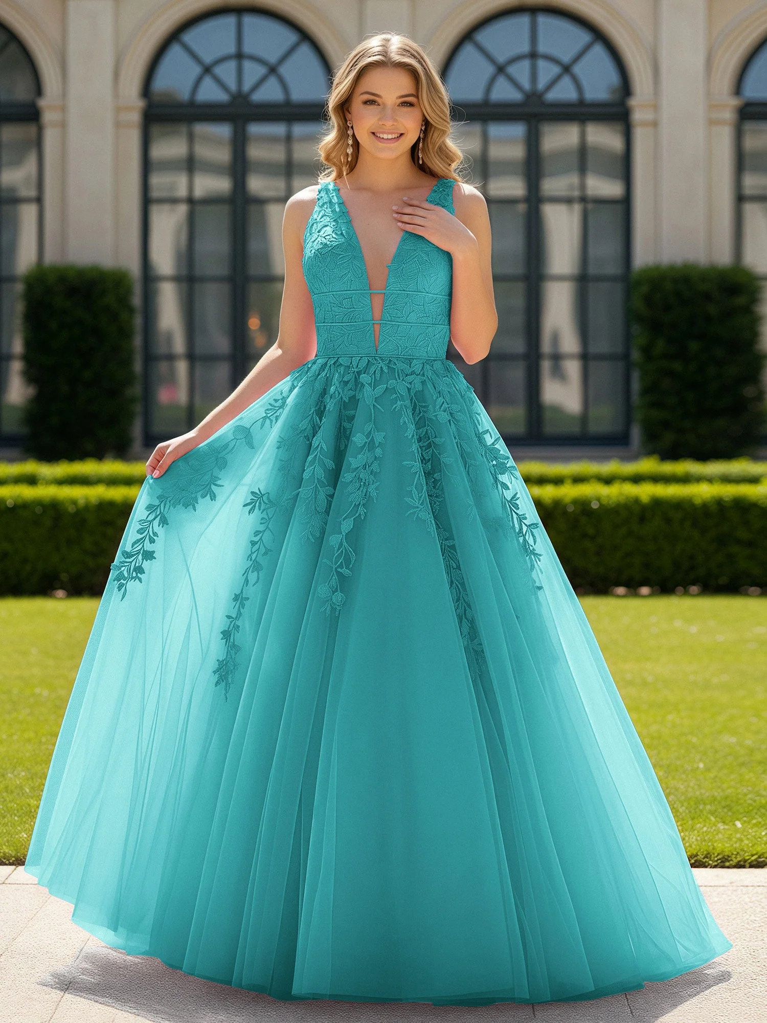 Applique Tüll Offener Rücken Tief V-Ausschnitt Ballkleid Jade