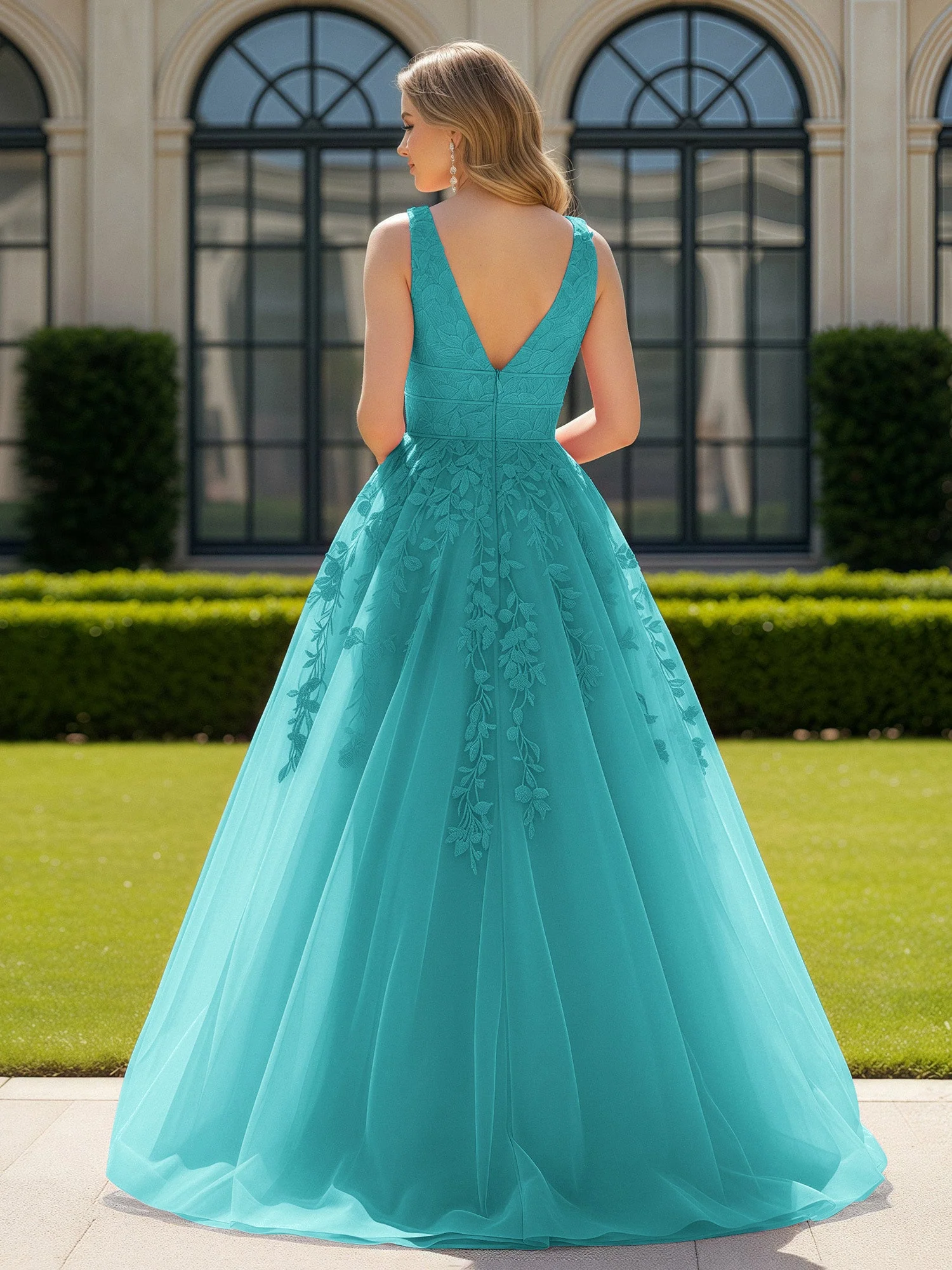 Applique Tüll Offener Rücken Tief V-Ausschnitt Ballkleid Jade - Image 2