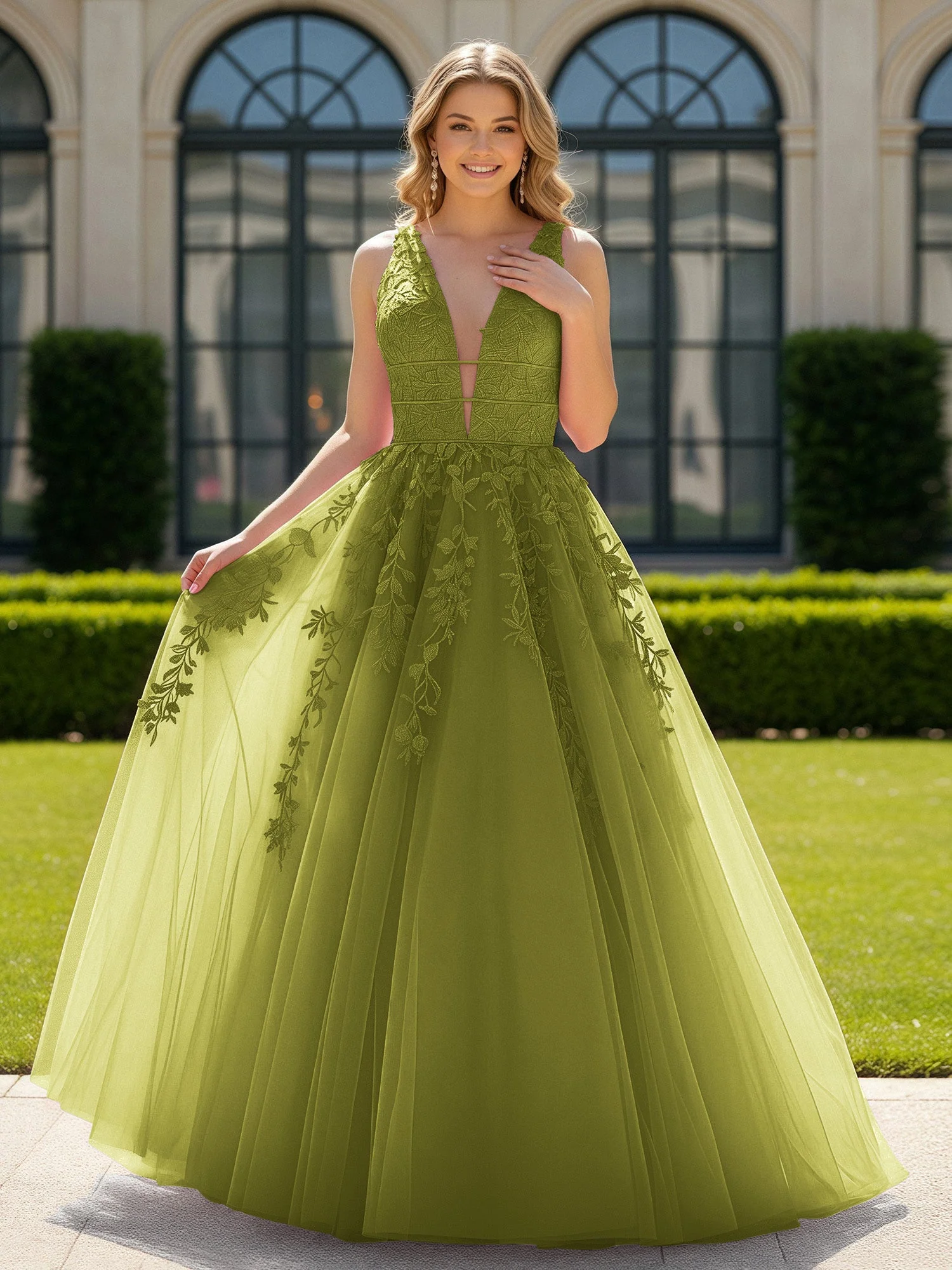 Applique Tüll Offener Rücken Tief V-Ausschnitt Ballkleid Kleegrün