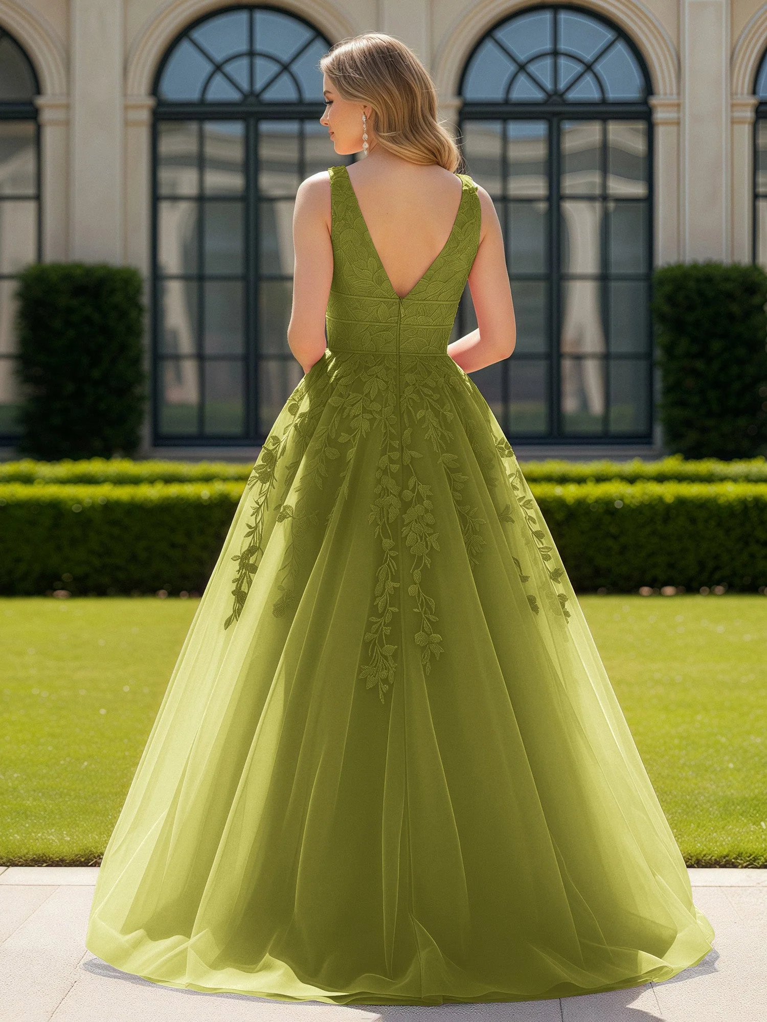 Applique Tüll Offener Rücken Tief V-Ausschnitt Ballkleid Kleegrün - Image 2