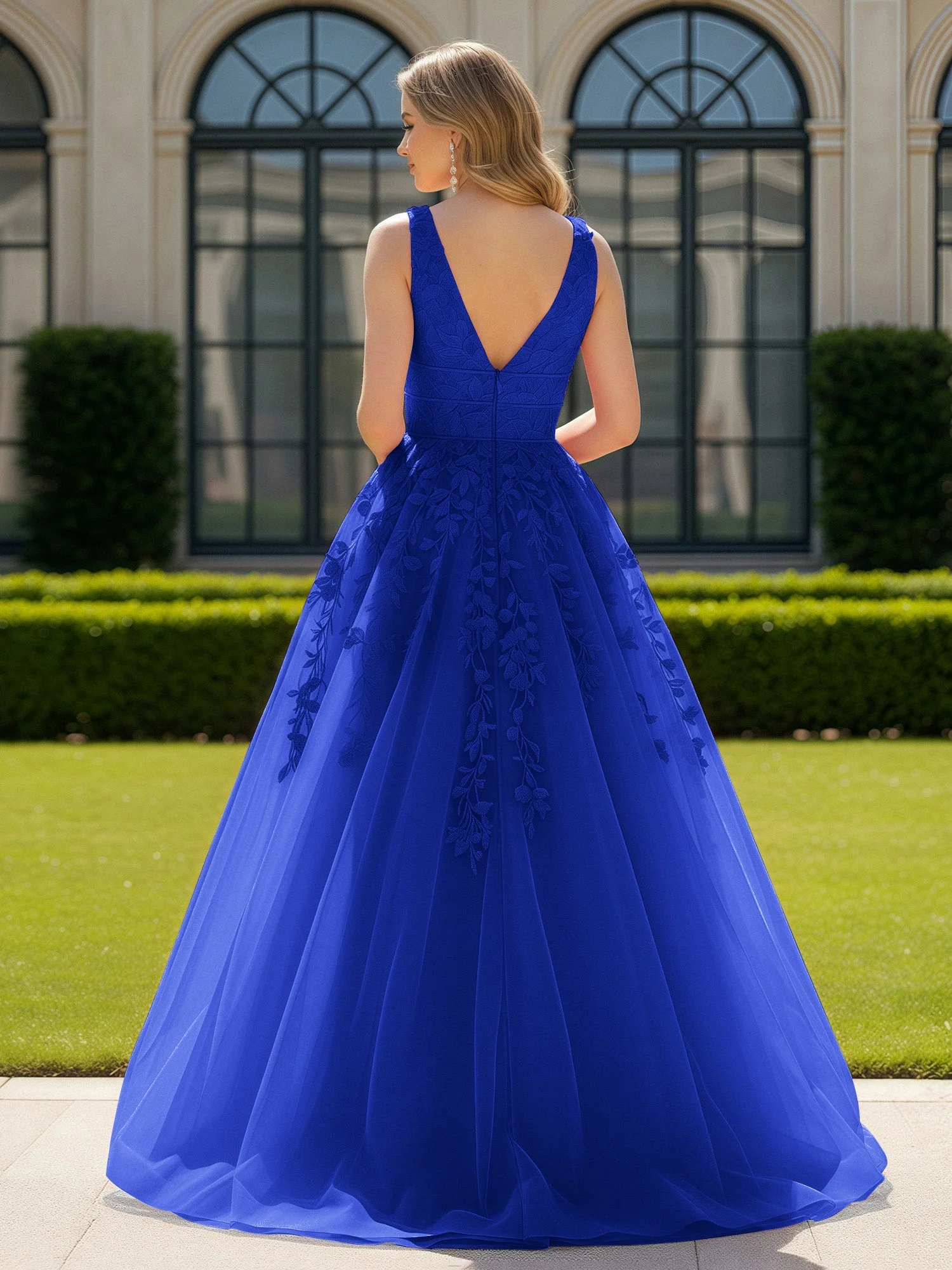 Applique Tüll Offener Rücken Tief V-Ausschnitt Ballkleid Königsblau - Image 2