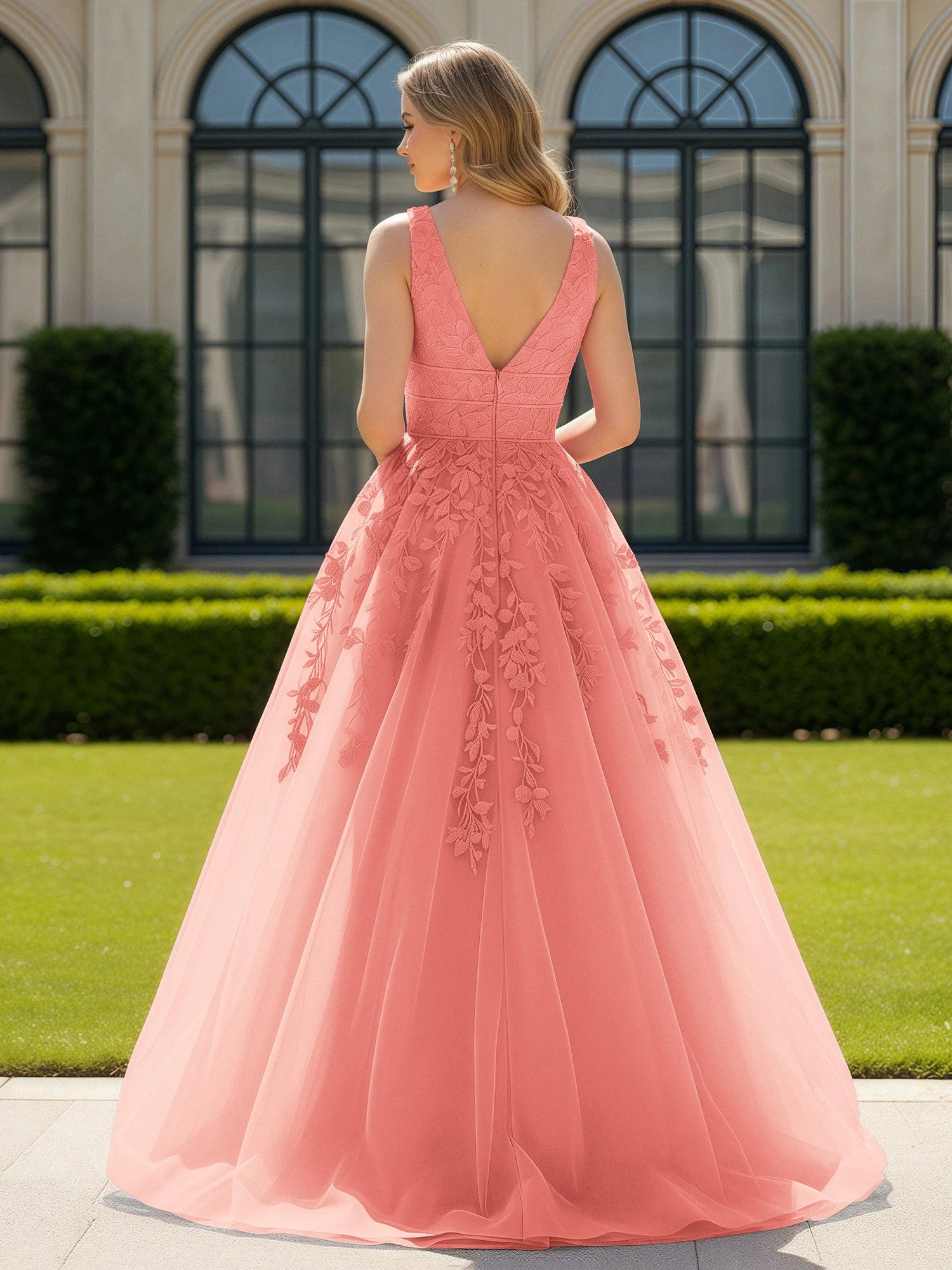Applique Tüll Offener Rücken Tief V-Ausschnitt Ballkleid Koralle - Image 2