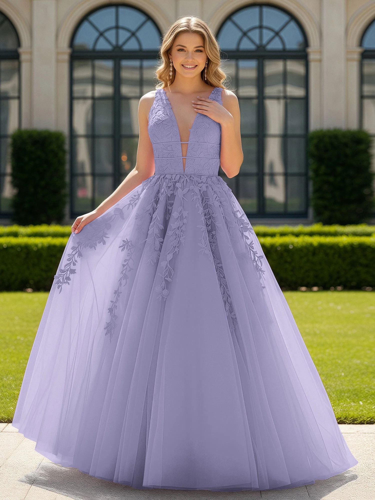 Applique Tüll Offener Rücken Tief V-Ausschnitt Ballkleid Lavendel