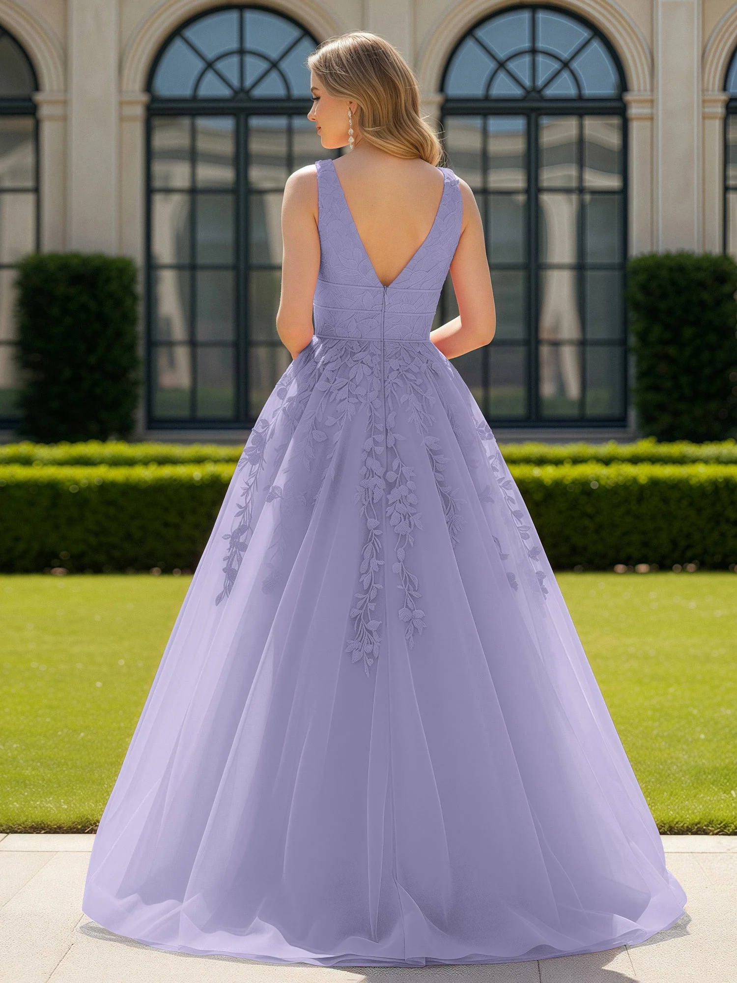 Applique Tüll Offener Rücken Tief V-Ausschnitt Ballkleid Lavendel - Image 2