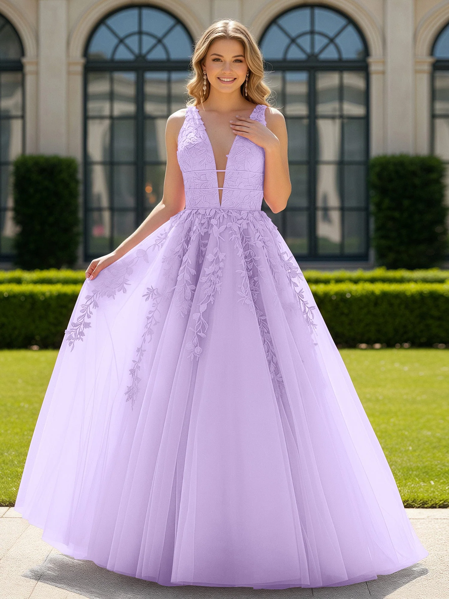 Applique Tüll Offener Rücken Tief V-Ausschnitt Ballkleid Lila
