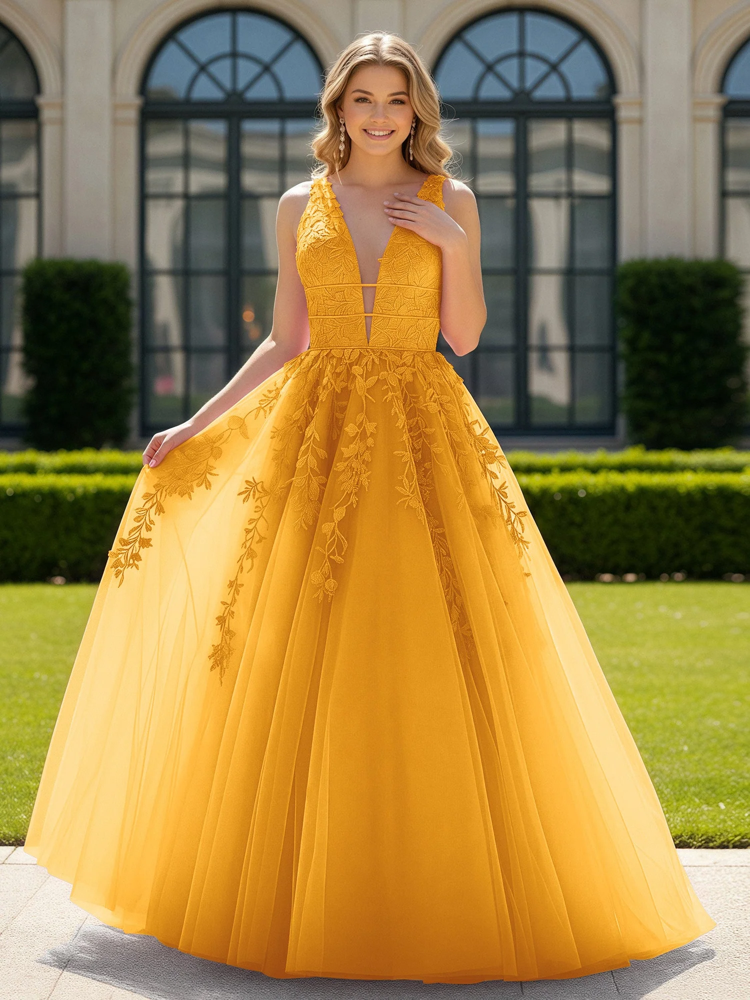 Applique Tüll Offener Rücken Tief V-Ausschnitt Ballkleid Mandarine