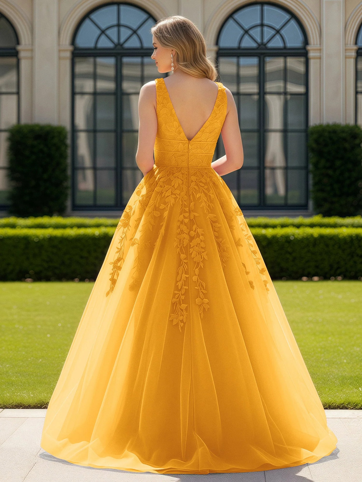 Applique Tüll Offener Rücken Tief V-Ausschnitt Ballkleid Mandarine - Image 2