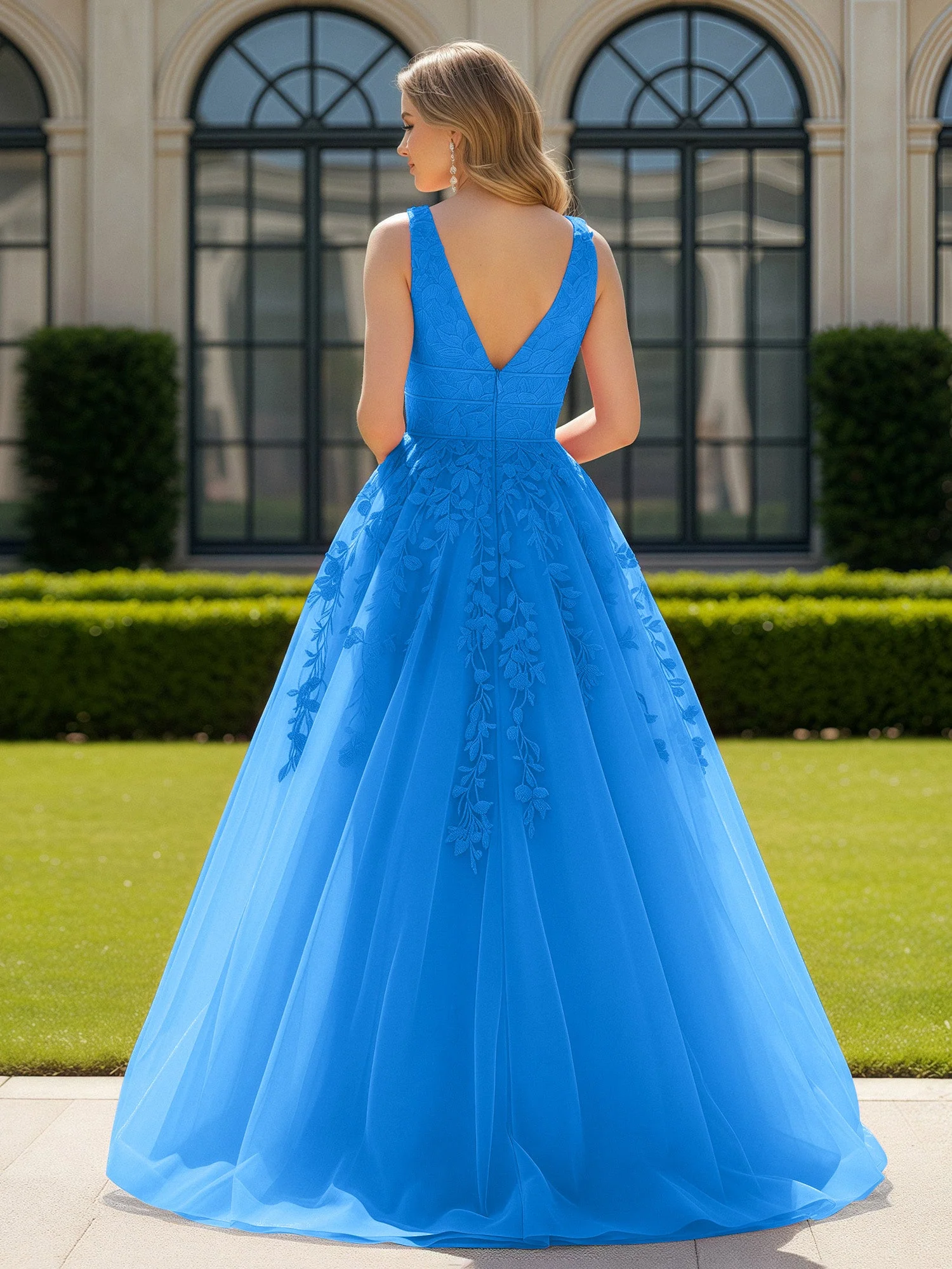 Applique Tüll Offener Rücken Tief V-Ausschnitt Ballkleid Meerblau - Image 2