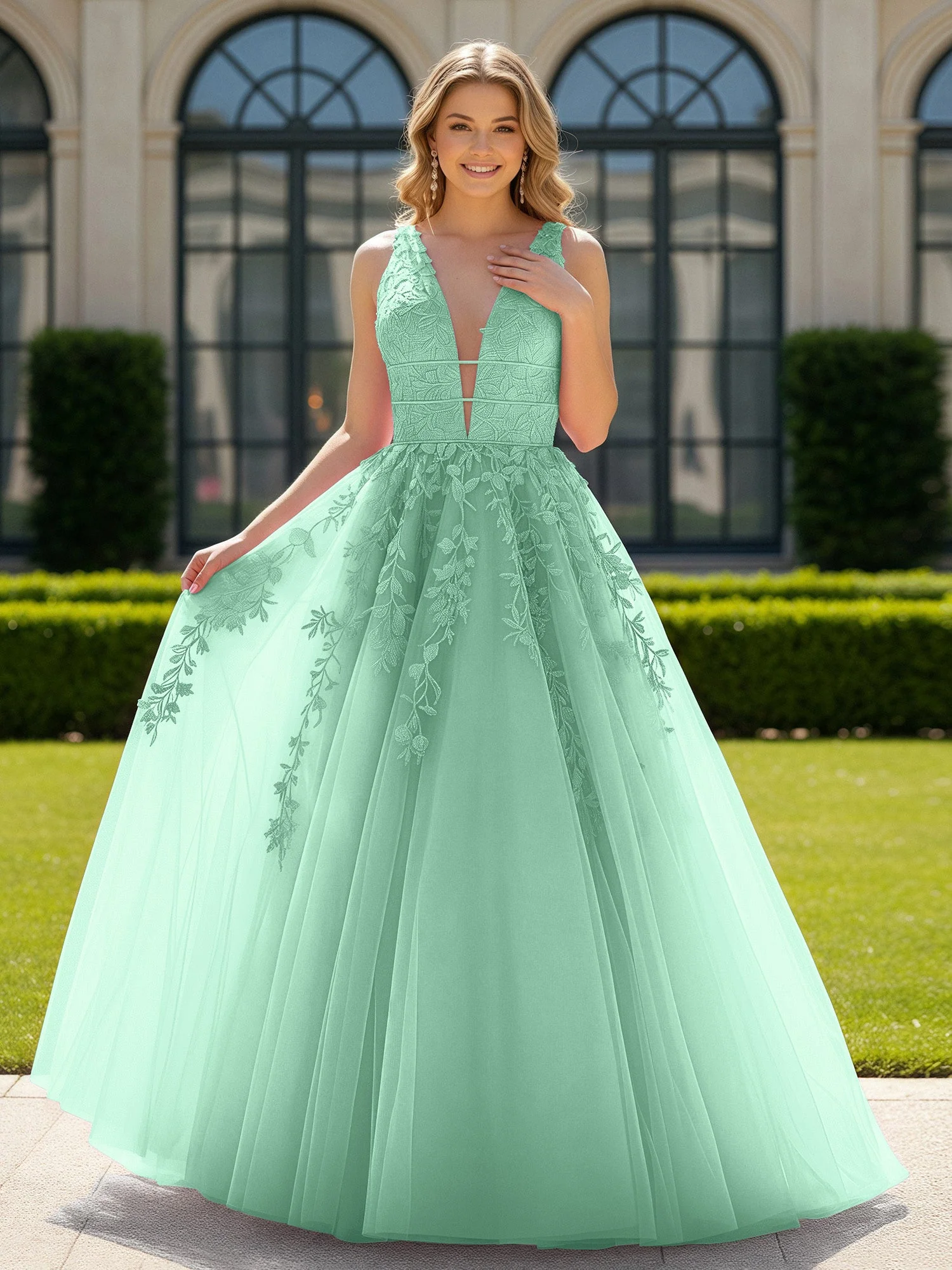 Applique Tüll Offener Rücken Tief V-Ausschnitt Ballkleid Minzgrün