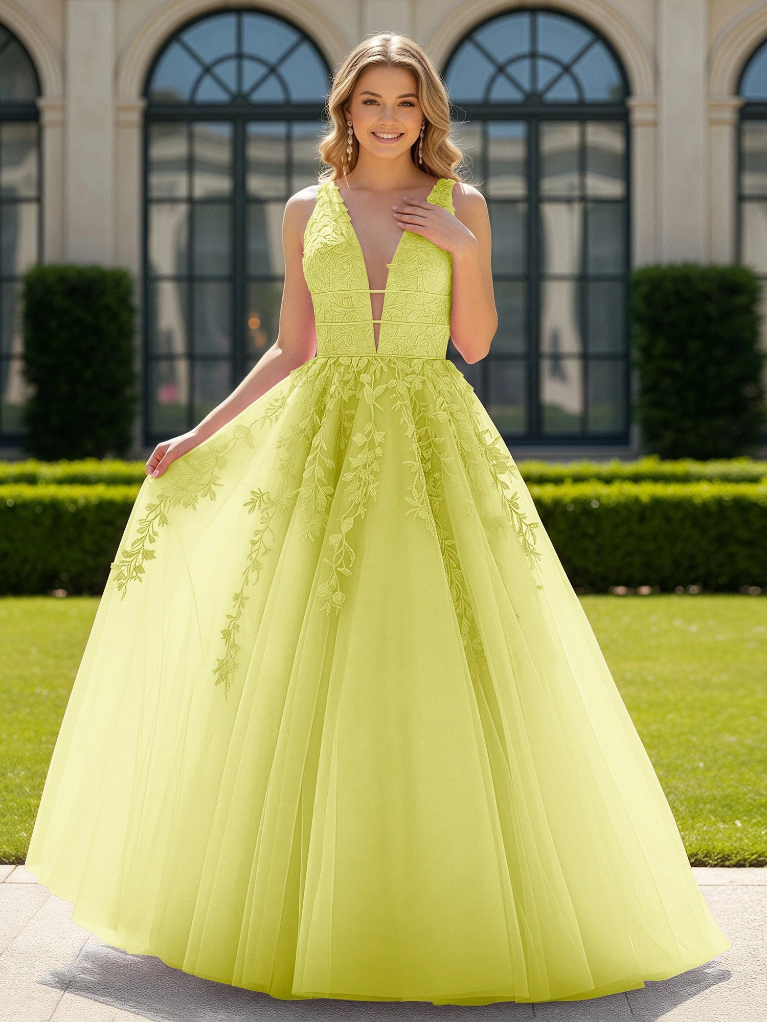 Applique Tüll Offener Rücken Tief V-Ausschnitt Ballkleid Narzisse