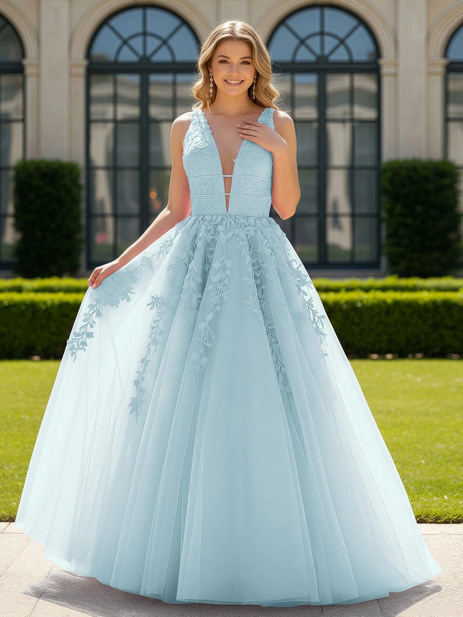 Applique Tüll Offener Rücken Tief V-Ausschnitt Ballkleid Nebel
