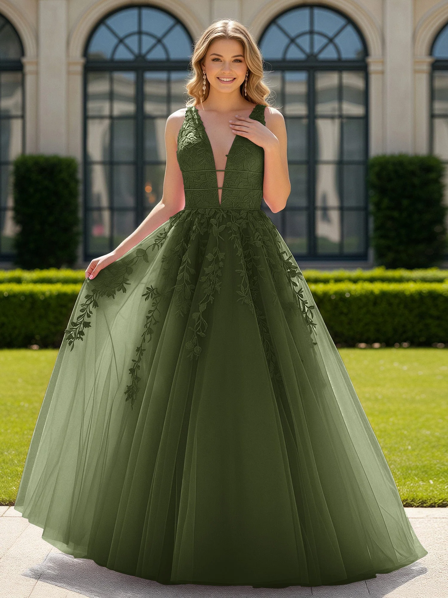 Applique Tüll Offener Rücken Tief V-Ausschnitt Ballkleid Olivgrün