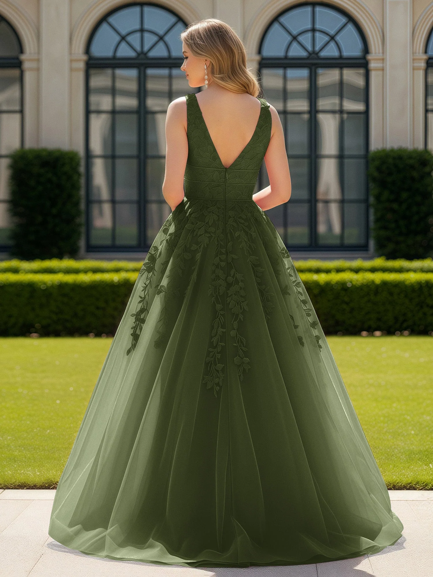 Applique Tüll Offener Rücken Tief V-Ausschnitt Ballkleid Olivgrün - Image 2