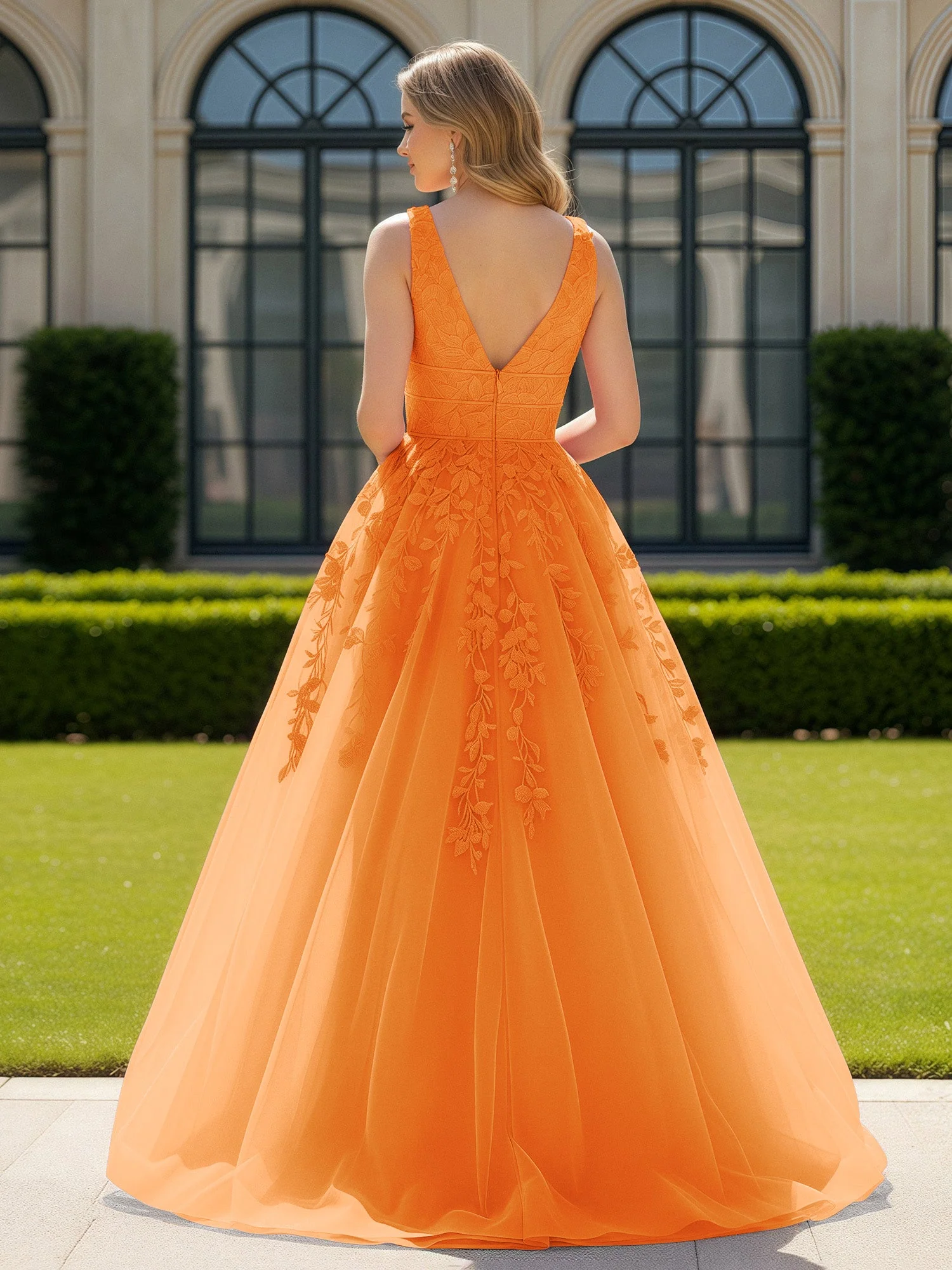Applique Tüll Offener Rücken Tief V-Ausschnitt Ballkleid Orange - Image 2