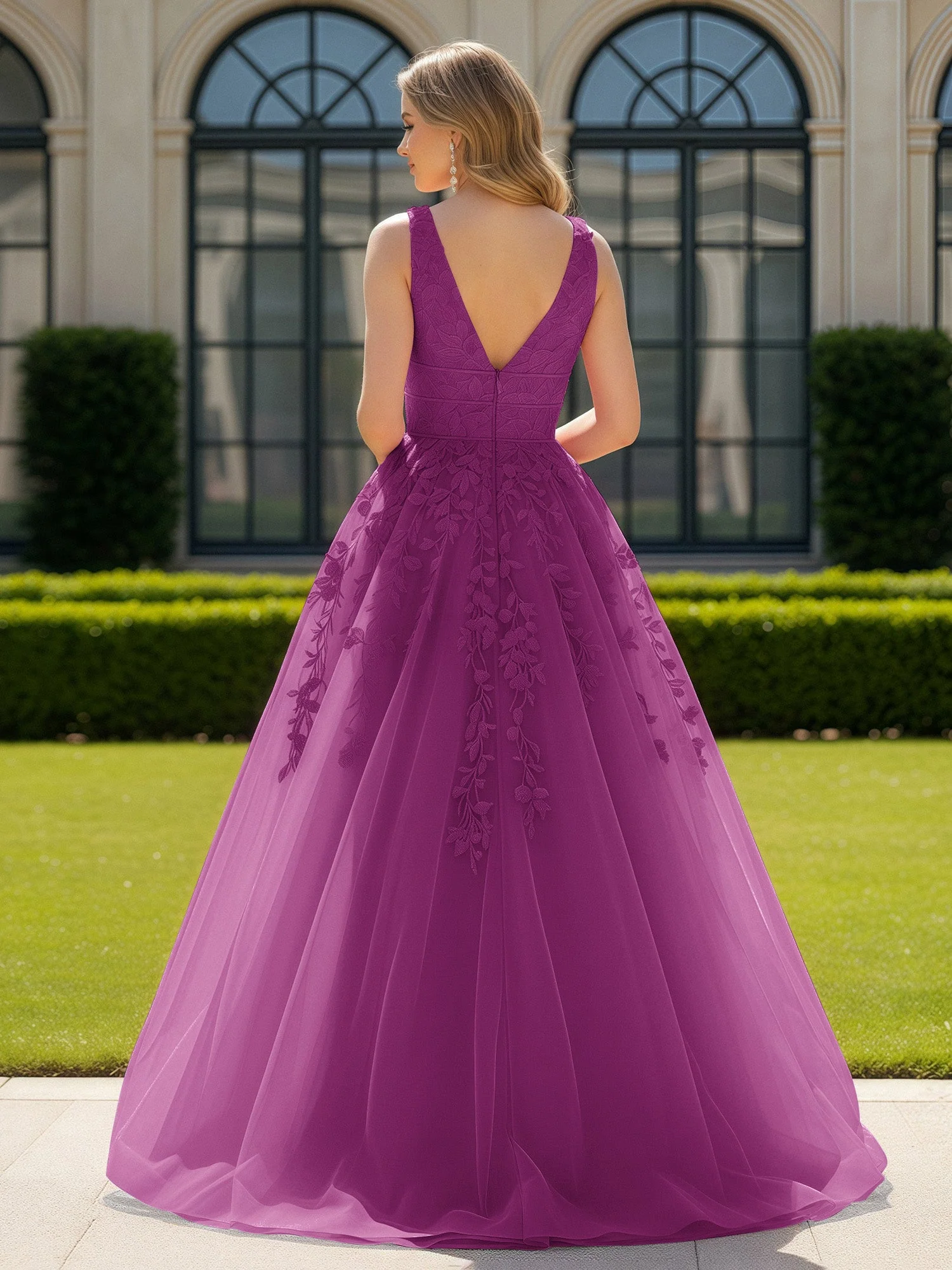Applique Tüll Offener Rücken Tief V-Ausschnitt Ballkleid Orchidee - Image 2