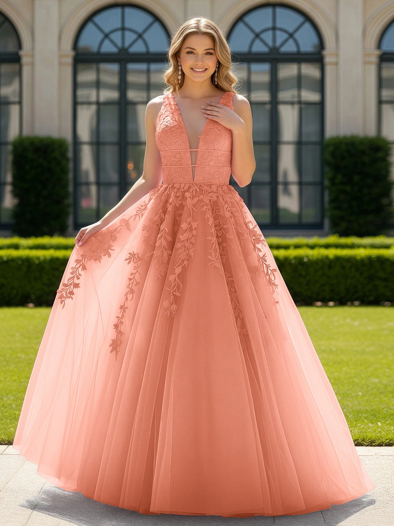 Applique Tüll Offener Rücken Tief V-Ausschnitt Ballkleid Papaya