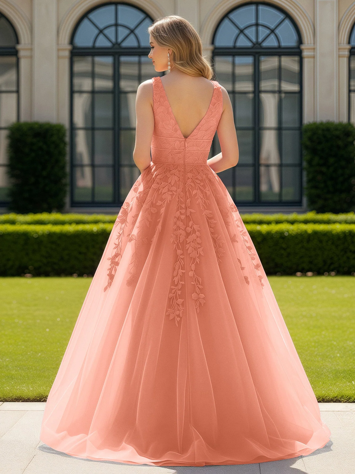 Applique Tüll Offener Rücken Tief V-Ausschnitt Ballkleid Papaya - Image 2