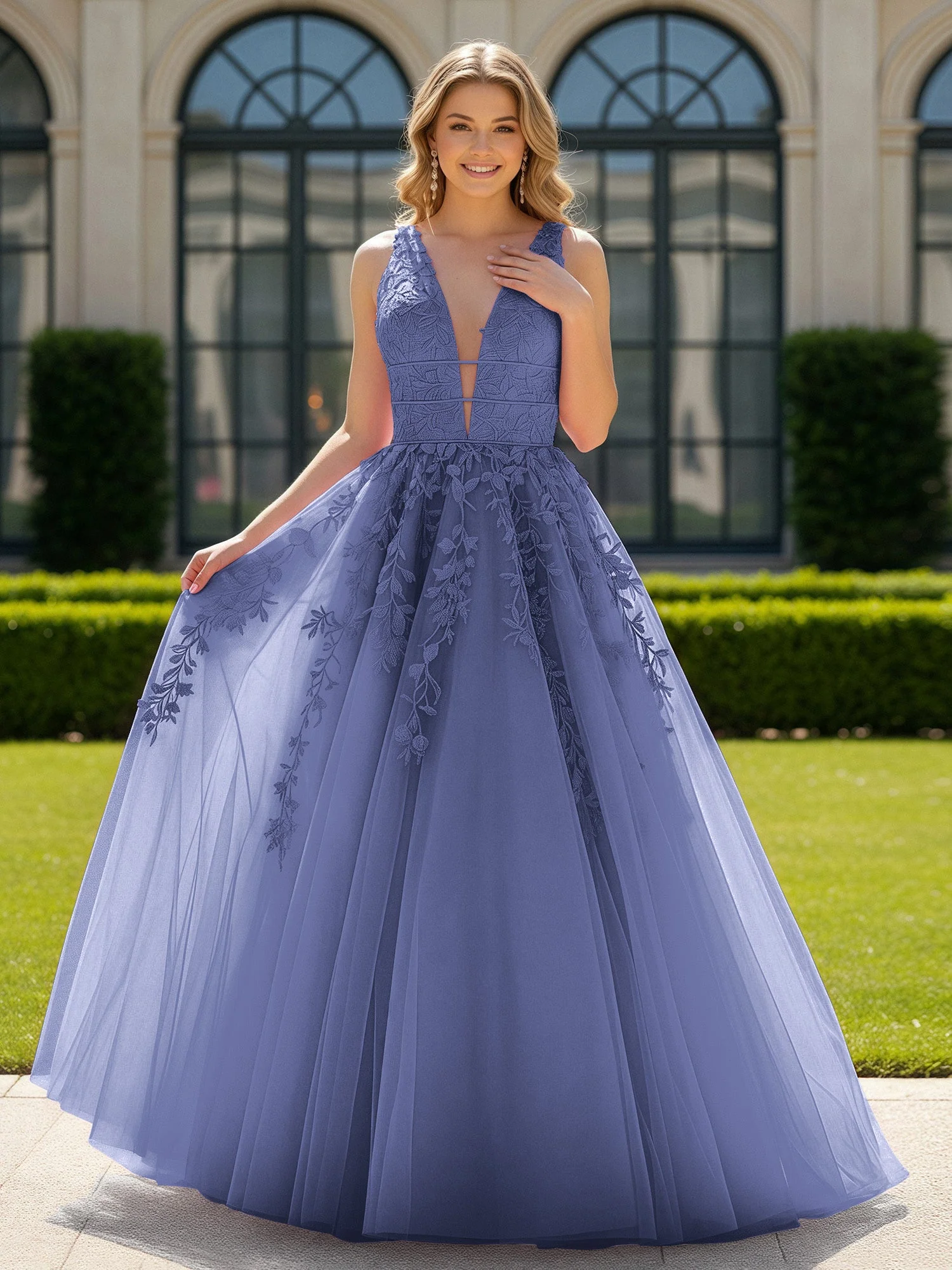 Applique Tüll Offener Rücken Tief V-Ausschnitt Ballkleid Periwinkleblau